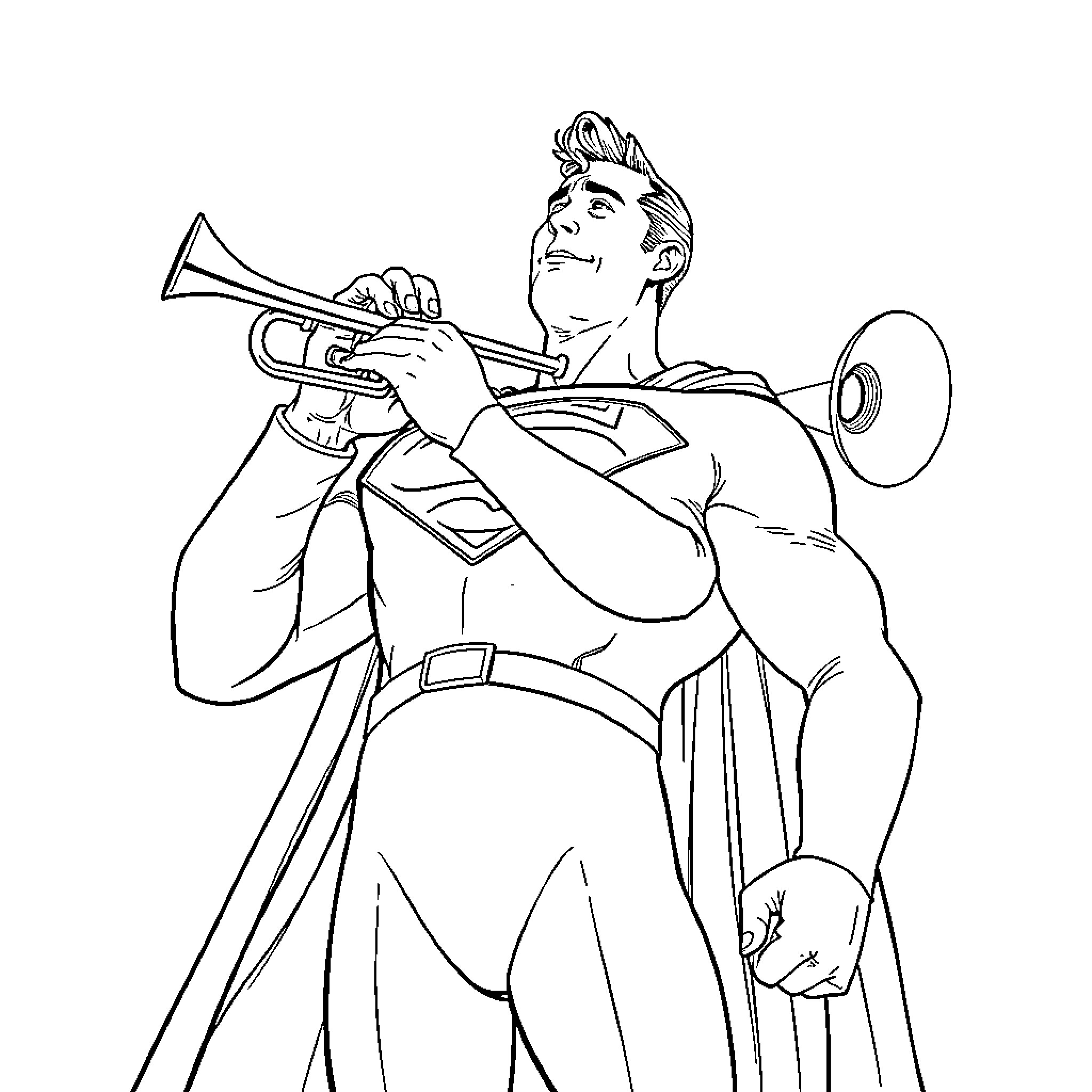 Superman playing trumpet with confidence Coloring Page (free black-and-white line drawing printable PDF for all, from beginners to advanced learners, including children, teens, adults, and seniors)