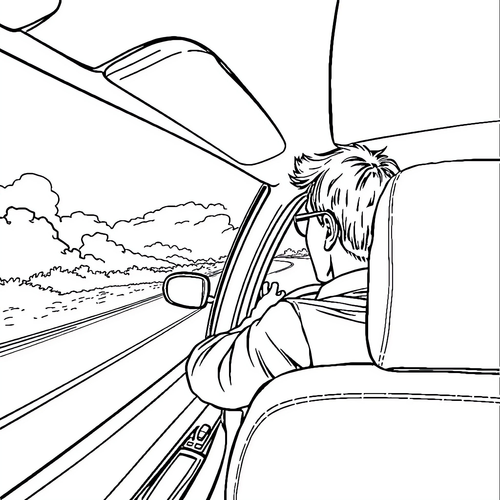 Car Driving Through Scenic Countryside Landscape Coloring Page (free black-and-white line drawing printable PDF for all, from beginners to advanced learners, including children, teens, adults, and seniors)