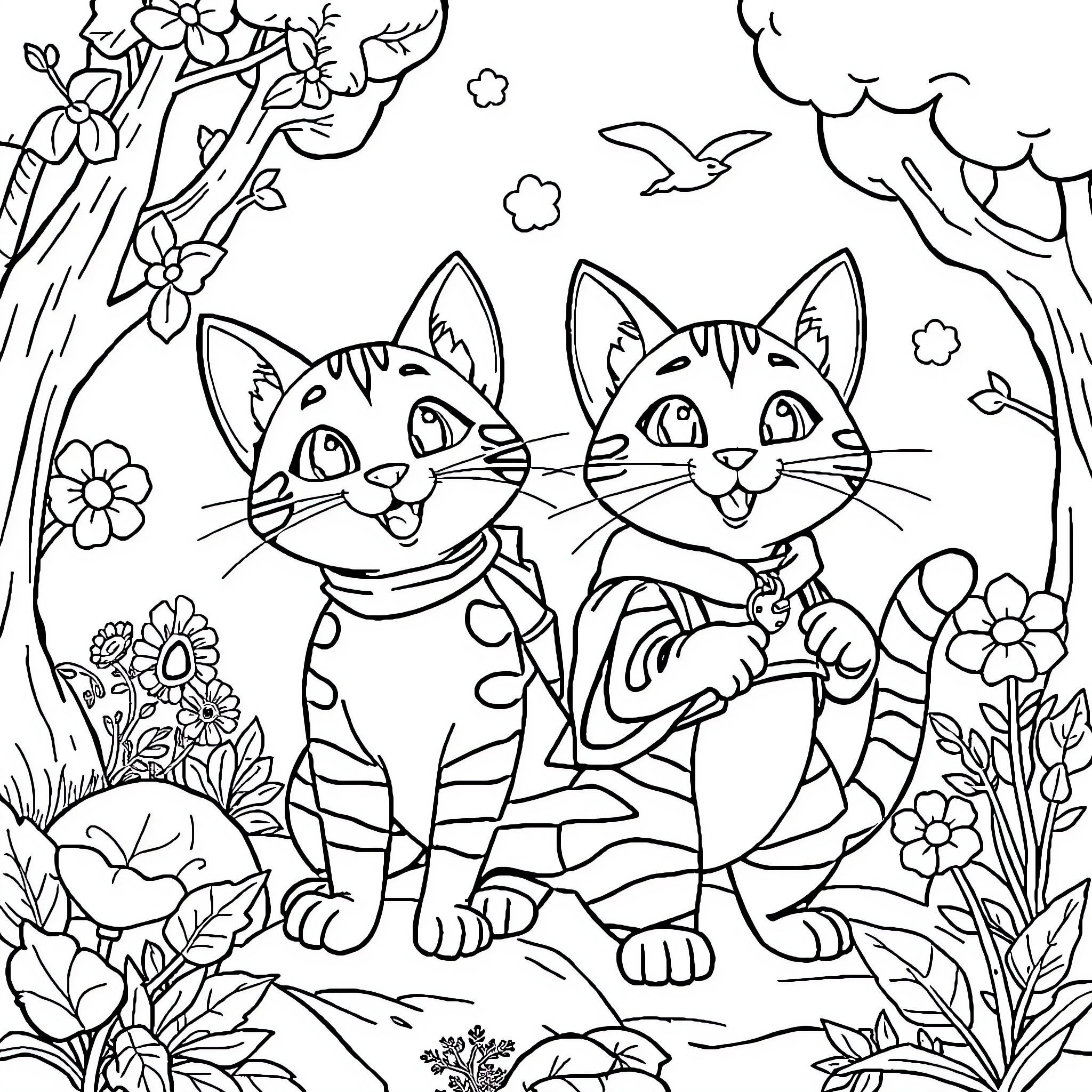 Chat with Cheerful Cats in Charming Woodland Coloring Page (free black-and-white line drawing printable PDF for all, from beginners to advanced learners, including children, teens, adults, and seniors)