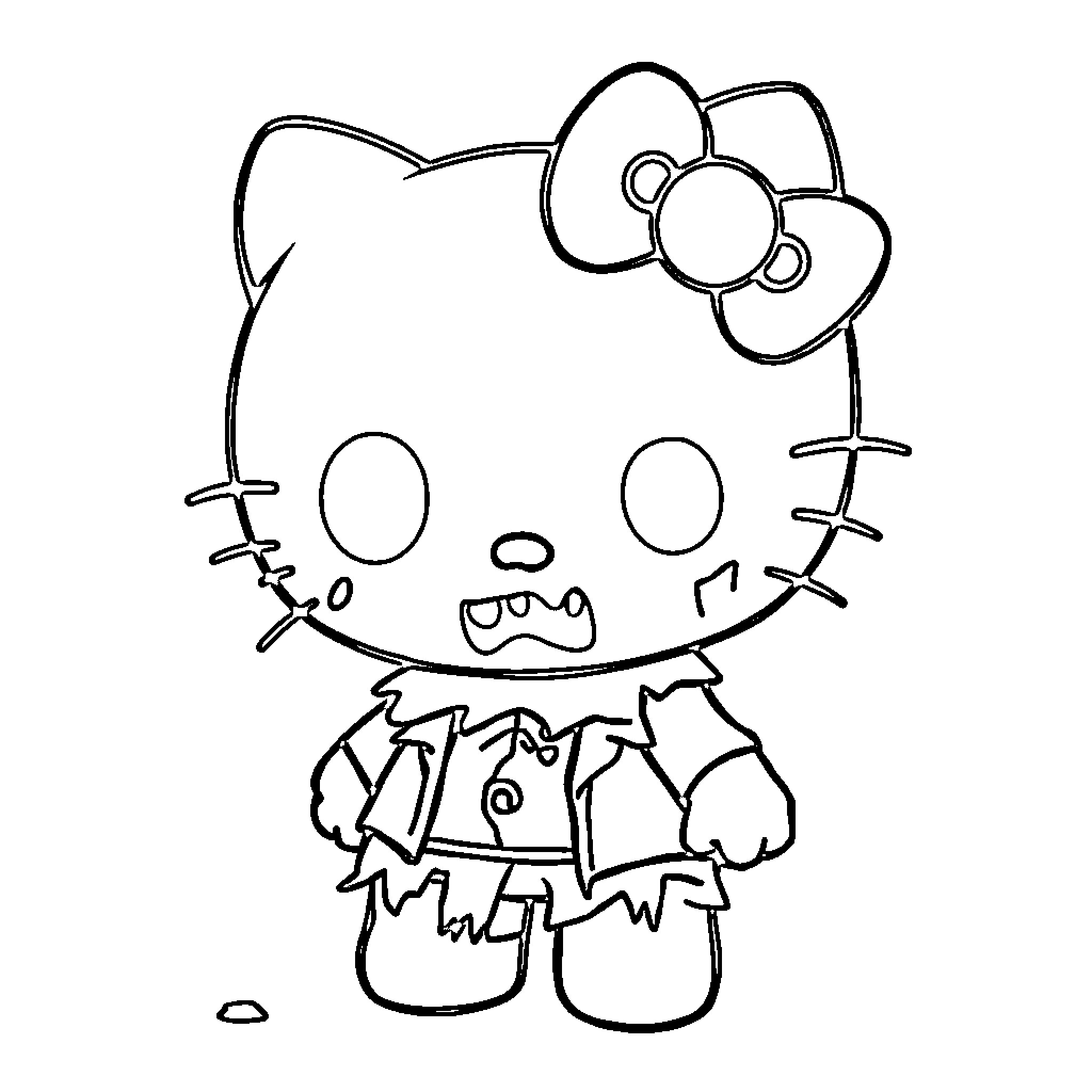 Hello Kitty in playful outfit Coloring Page (free black-and-white line drawing printable PDF for all, from beginners to advanced learners, including children, teens, adults, and seniors)
