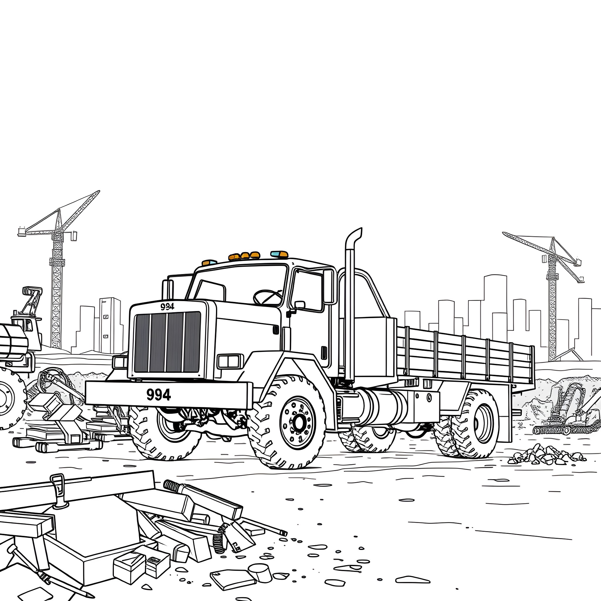 Flatbed truck at construction site Coloring Page (free black-and-white line drawing printable PDF for all, from beginners to advanced learners, including children, teens, adults, and seniors)