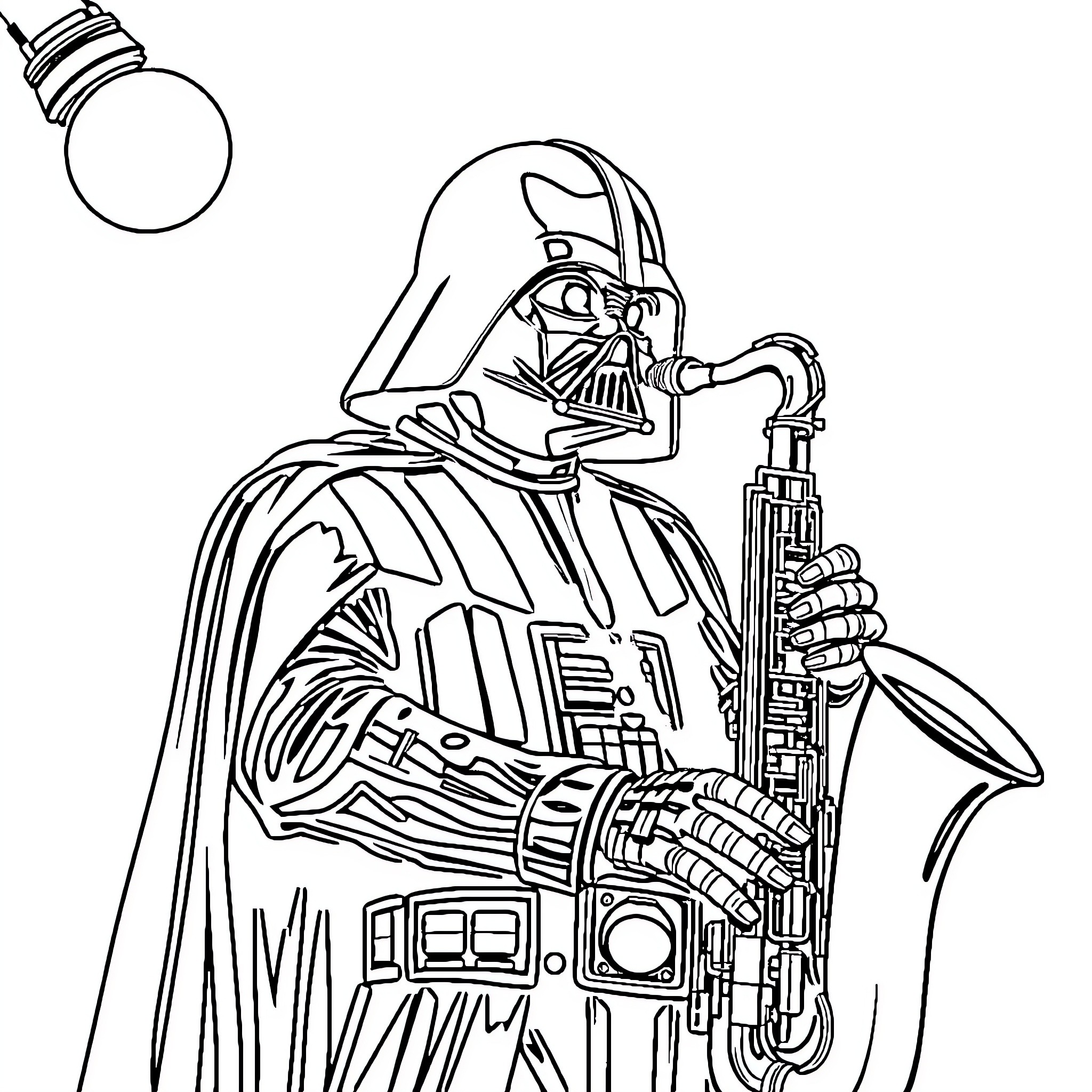 Darth Vader playing the saxophone Coloring Page (free black-and-white line drawing printable PDF for all, from beginners to advanced learners, including children, teens, adults, and seniors)