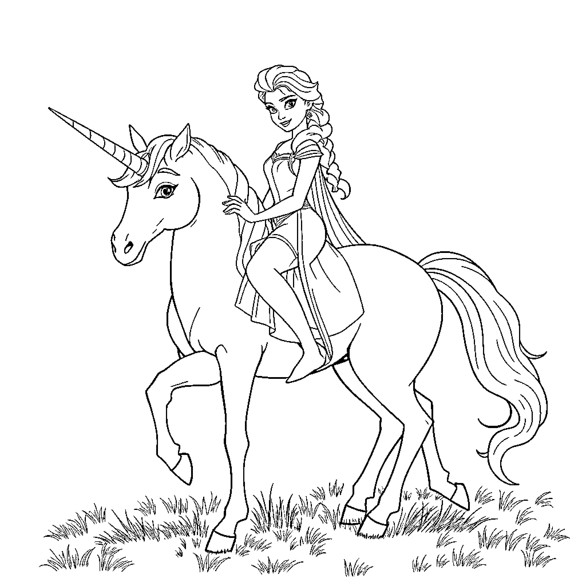 Elsa riding a magical unicorn in a fantasy field Coloring Page (free black-and-white line drawing printable PDF for all, from beginners to advanced learners, including children, teens, adults, and seniors)