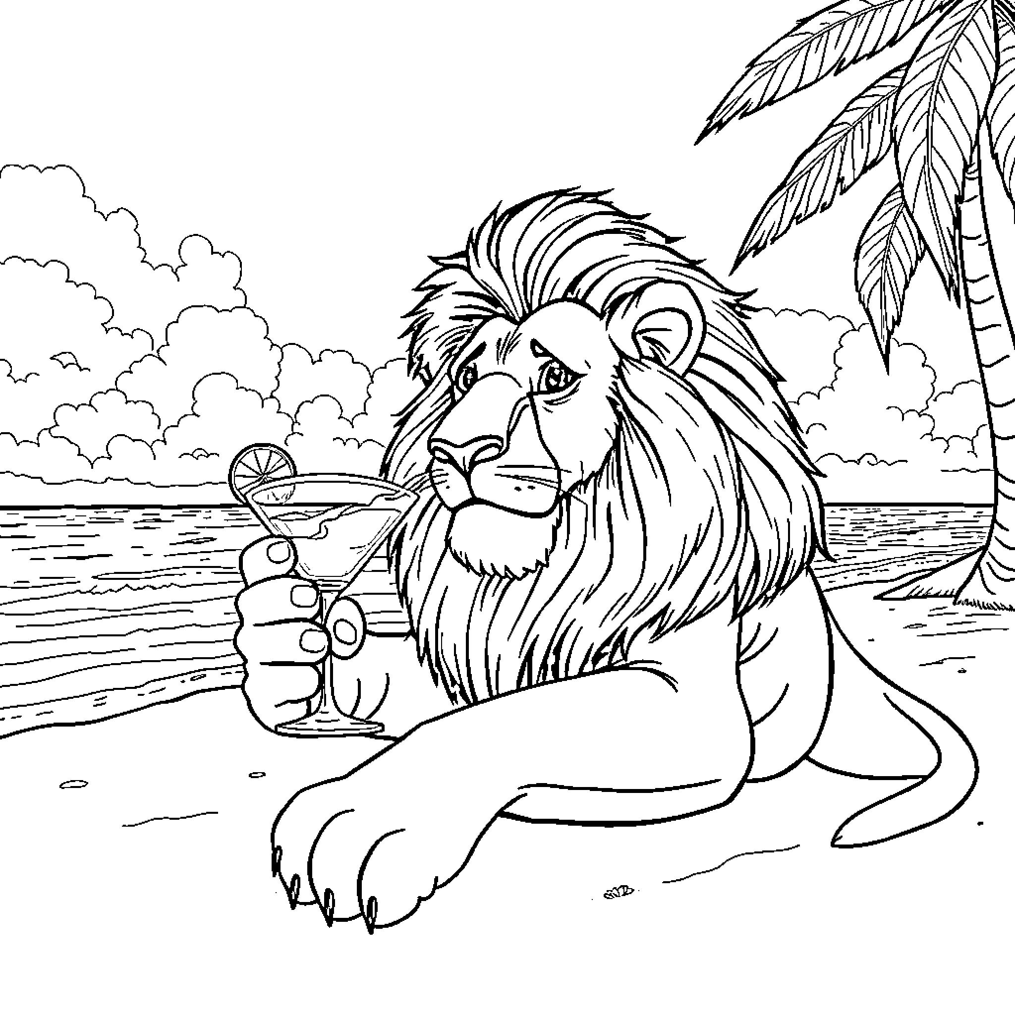 Lion relaxing on the beach with a cocktail Coloring Page (free black-and-white line drawing printable PDF for all, from beginners to advanced learners, including children, teens, adults, and seniors)