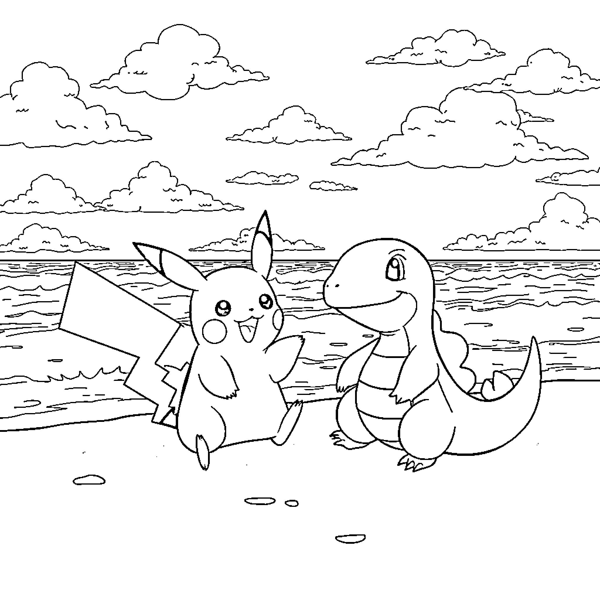 Pikachu relaxing with Lapras on the beach Coloring Page (free black-and-white line drawing printable PDF for all, from beginners to advanced learners, including children, teens, adults, and seniors)