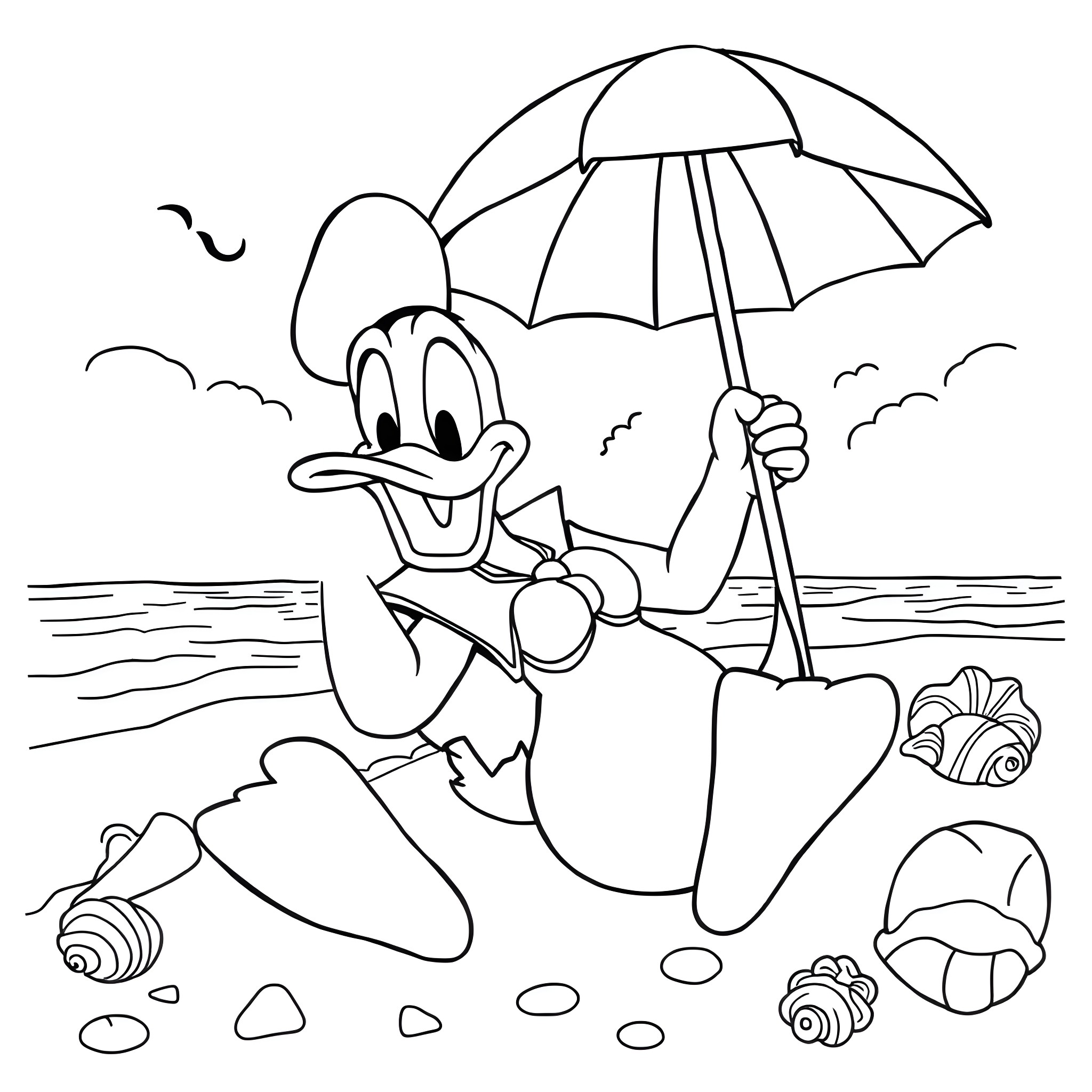 Donald Duck relaxing on the beach with umbrella Coloring Page (free black-and-white line drawing printable PDF for all, from beginners to advanced learners, including children, teens, adults, and seniors)