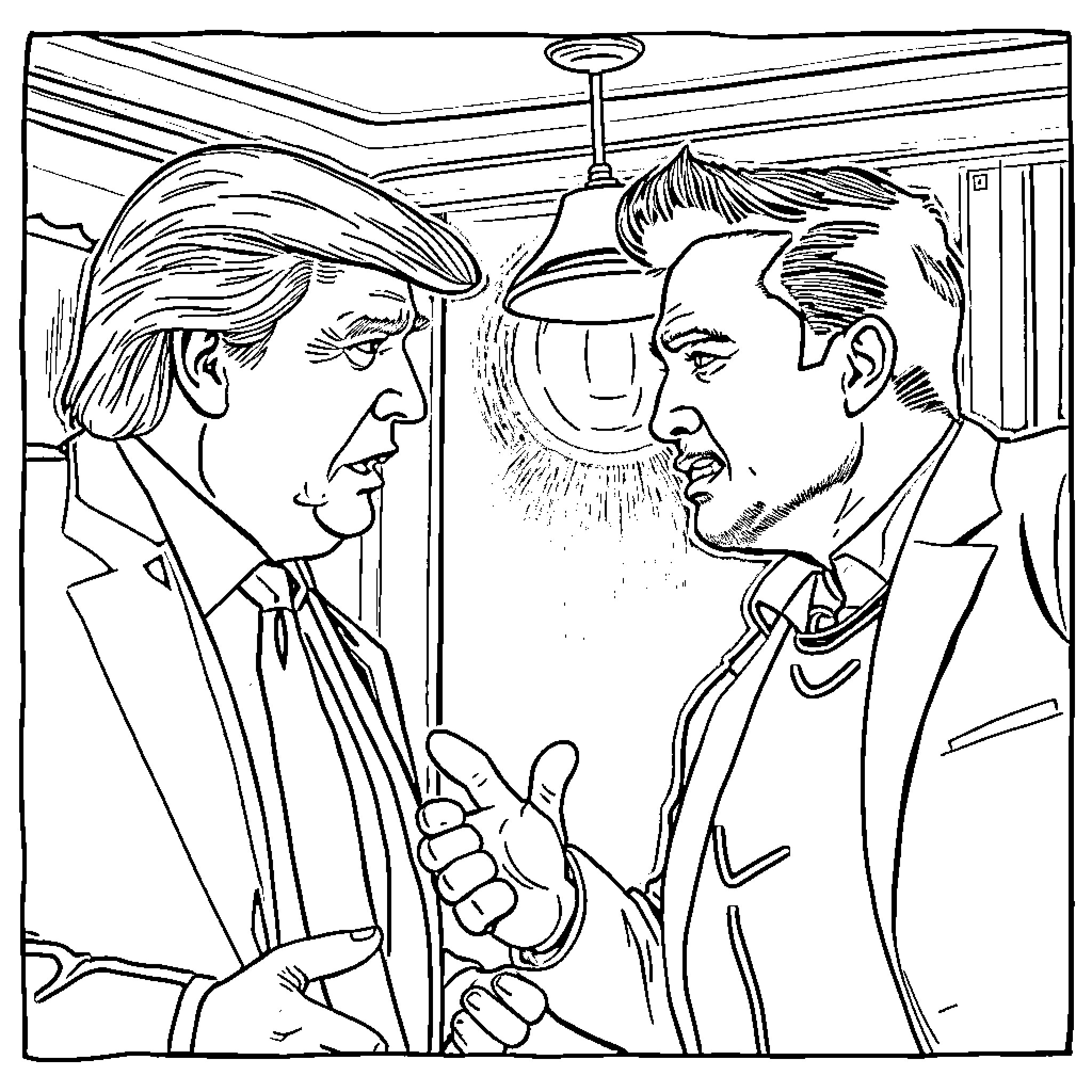 Donald Trump and Other Men in Heated Confrontation Coloring Page (free black-and-white line drawing printable PDF for all, from beginners to advanced learners, including children, teens, adults, and seniors)