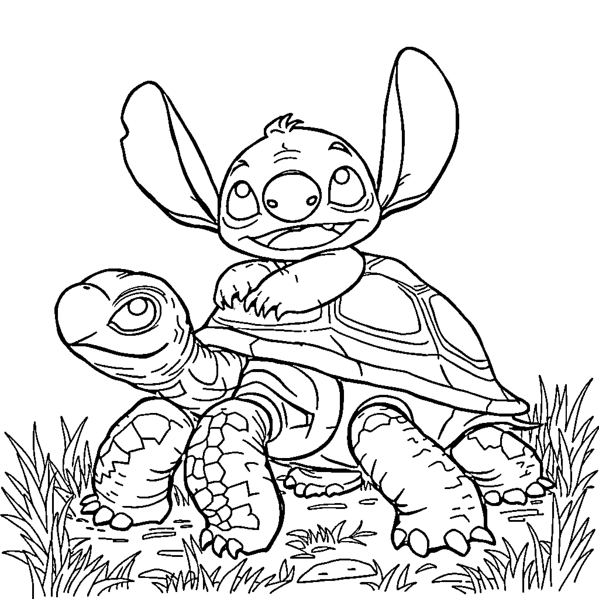 Stitch riding a turtle in the wild Coloring Page (free black-and-white line drawing printable PDF for all, from beginners to advanced learners, including children, teens, adults, and seniors)