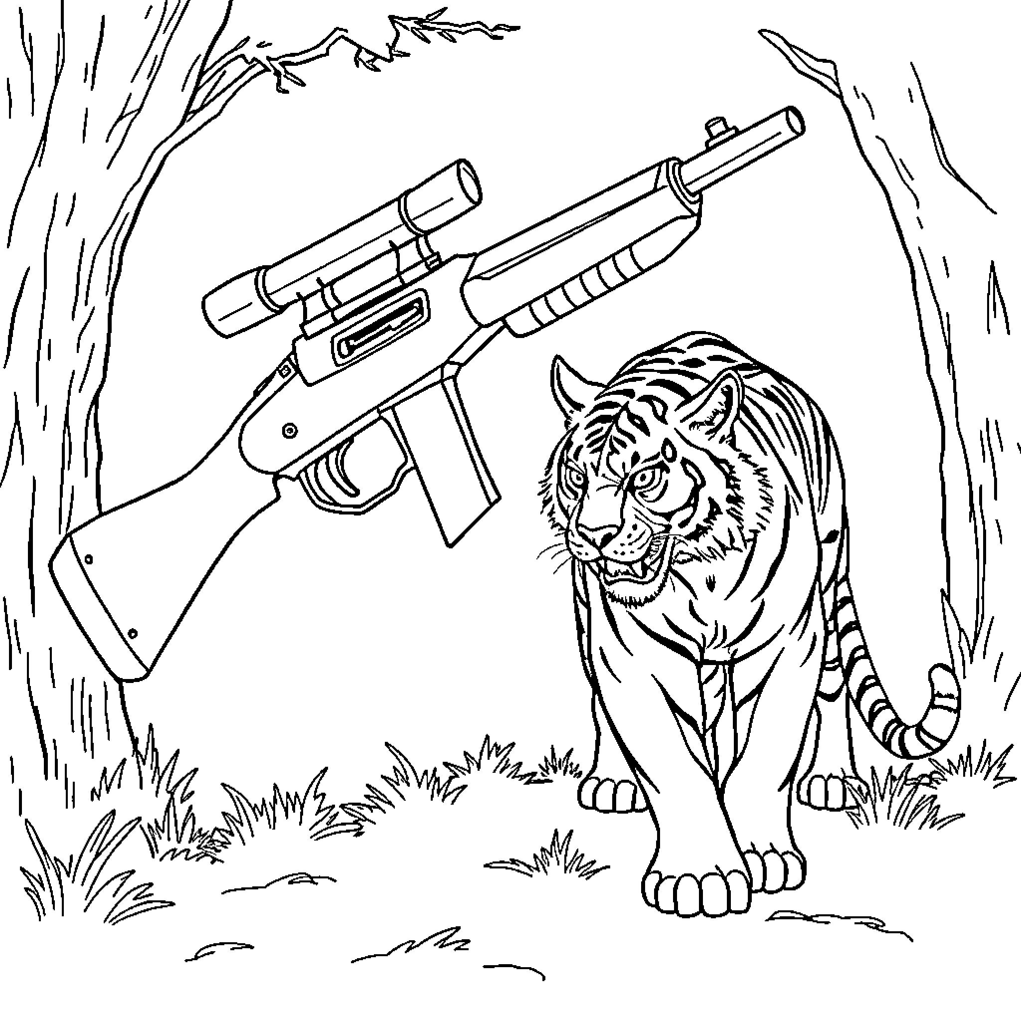 Tigre confronting a dangerous weapon in the wilderness Coloring Page (free black-and-white line drawing printable PDF for all, from beginners to advanced learners, including children, teens, adults, and seniors)