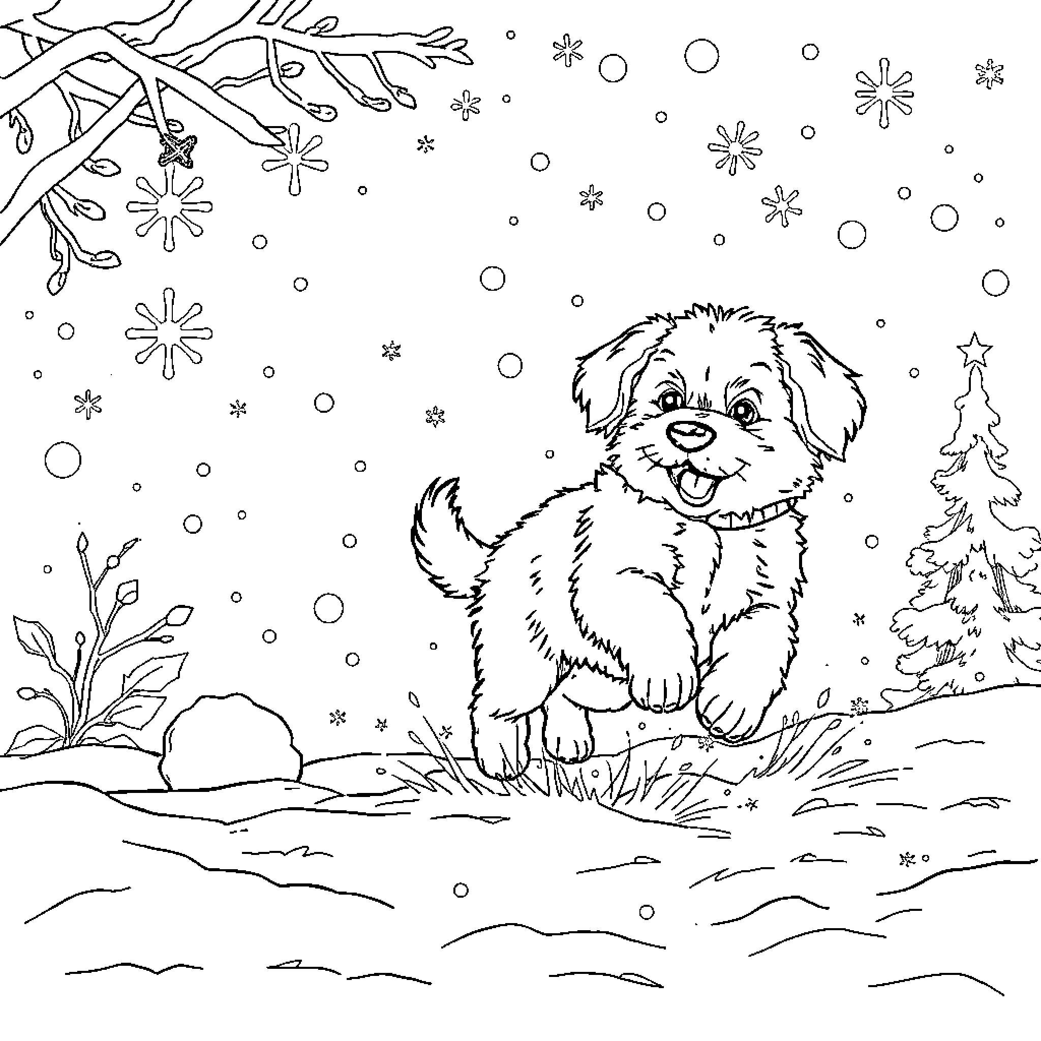 Puppy frolicking in a winter wonderland Coloring Page (free black-and-white line drawing printable PDF for all, from beginners to advanced learners, including children, teens, adults, and seniors)
