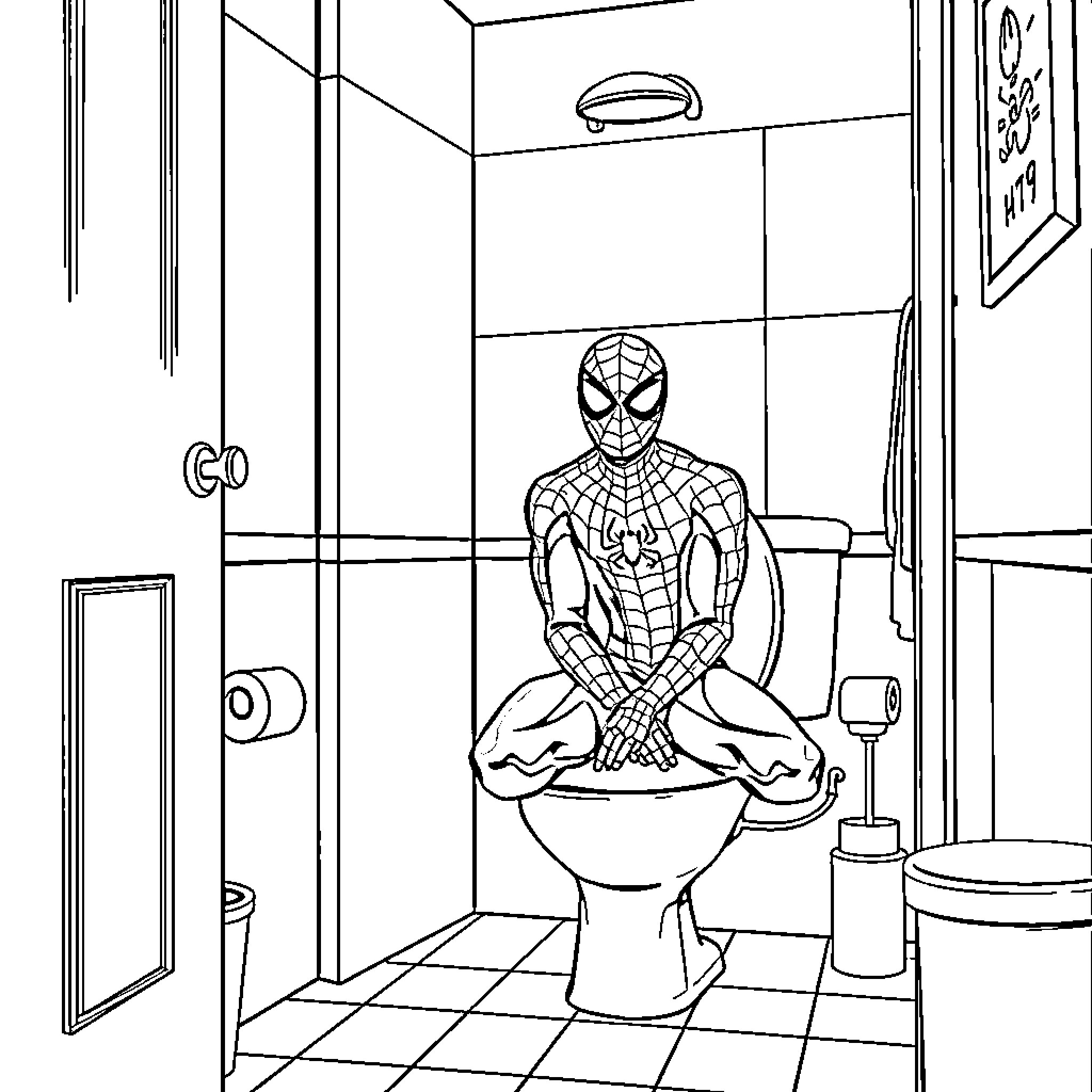 Spiderman relaxing on the toilet in a bathroom Coloring Page (free black-and-white line drawing printable PDF for all, from beginners to advanced learners, including children, teens, adults, and seniors)