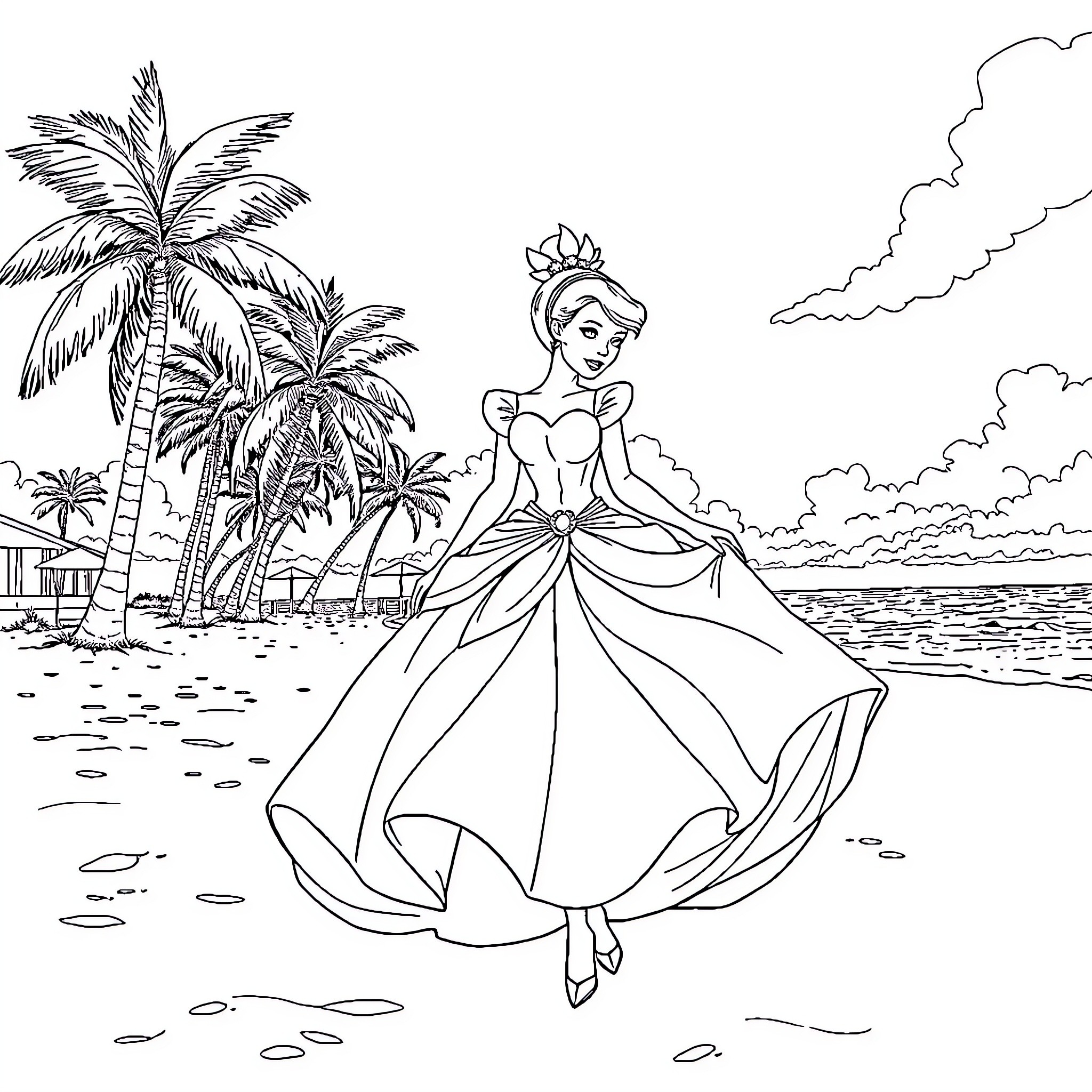 Cinderella's beach adventure in a beautiful dress Coloring Page (free black-and-white line drawing printable PDF for all, from beginners to advanced learners, including children, teens, adults, and seniors)
