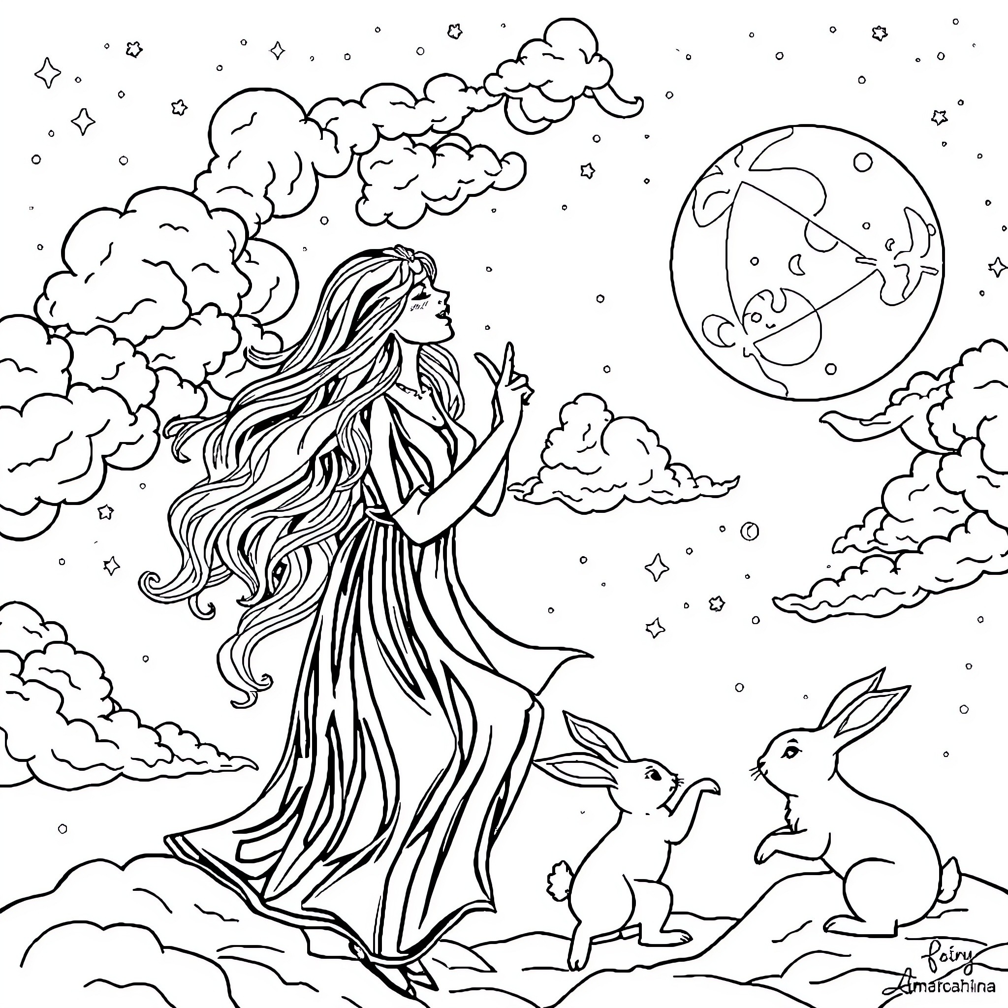 Aurora's Mystical Celestial Reverie Coloring Page (free black-and-white line drawing printable PDF for all, from beginners to advanced learners, including children, teens, adults, and seniors)