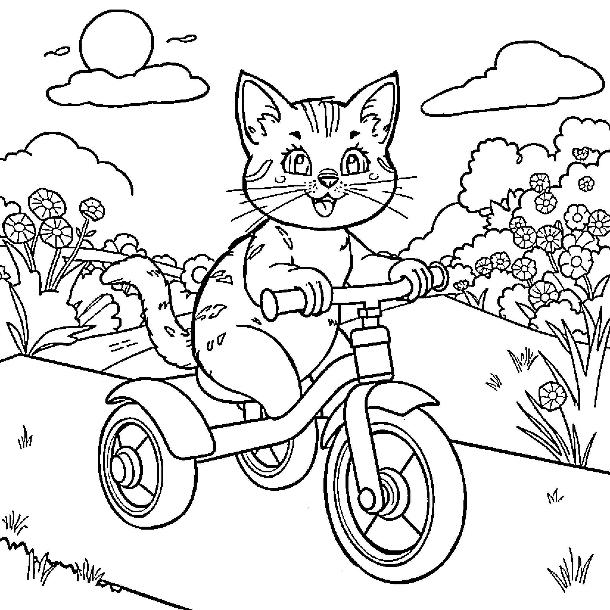 Cat riding a tricycle in a scenic park Coloring Page (free black-and-white line drawing printable PDF for all, from beginners to advanced learners, including children, teens, adults, and seniors)