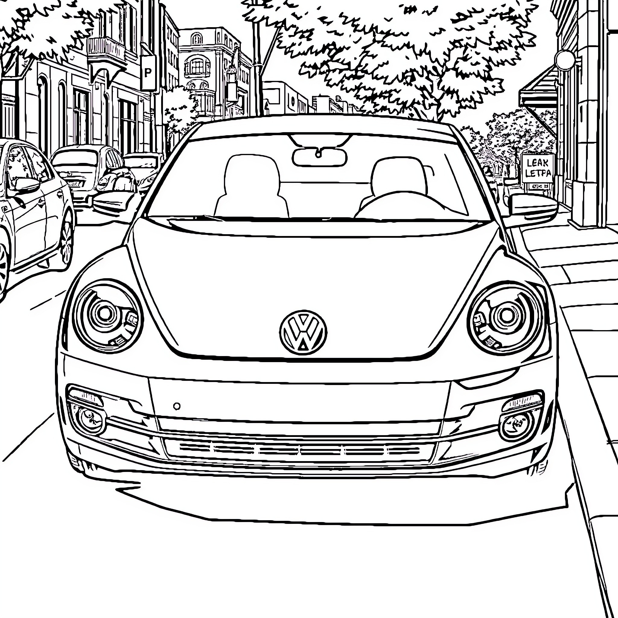 Volkswagen driving down a city street Coloring Page (free black-and-white line drawing printable PDF for all, from beginners to advanced learners, including children, teens, adults, and seniors)