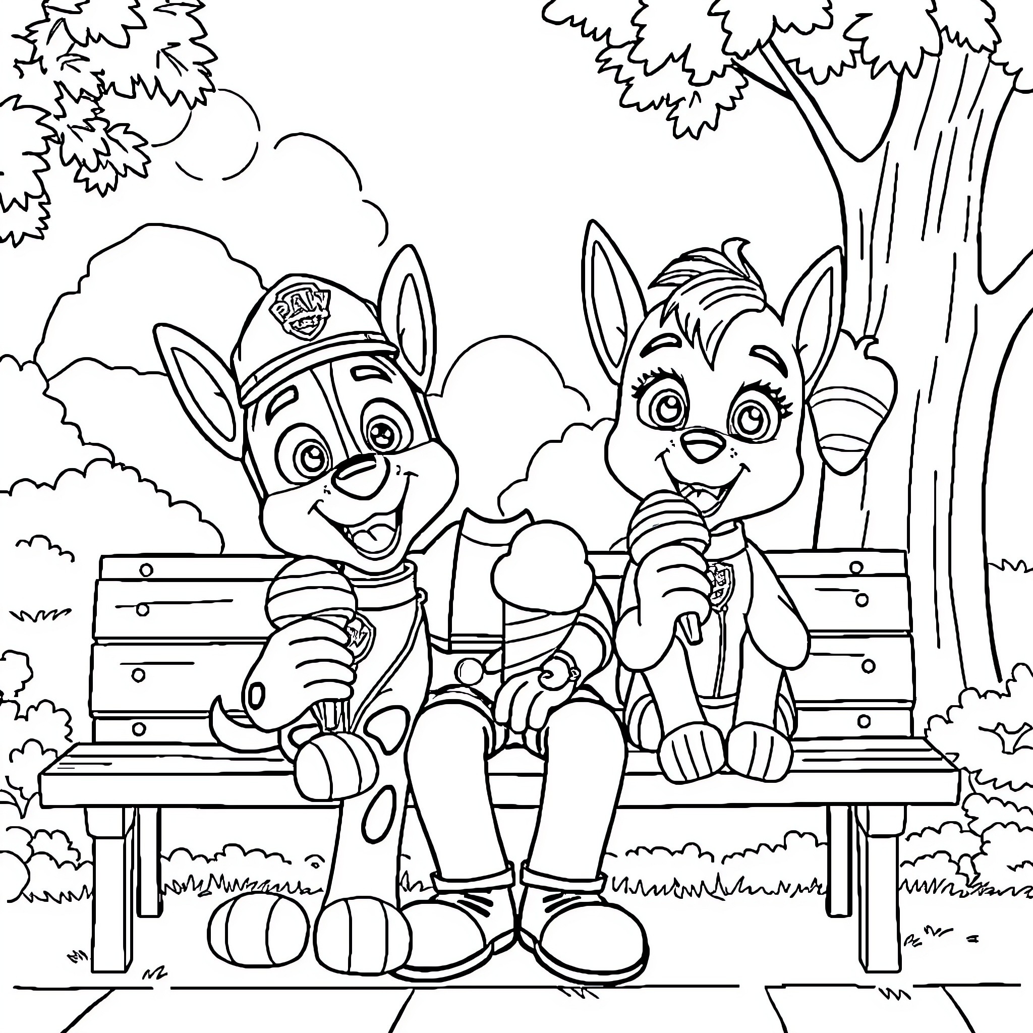 Goofy Paw Patrol Pups in the Park Coloring Page (free black-and-white line drawing printable PDF for all, from beginners to advanced learners, including children, teens, adults, and seniors)
