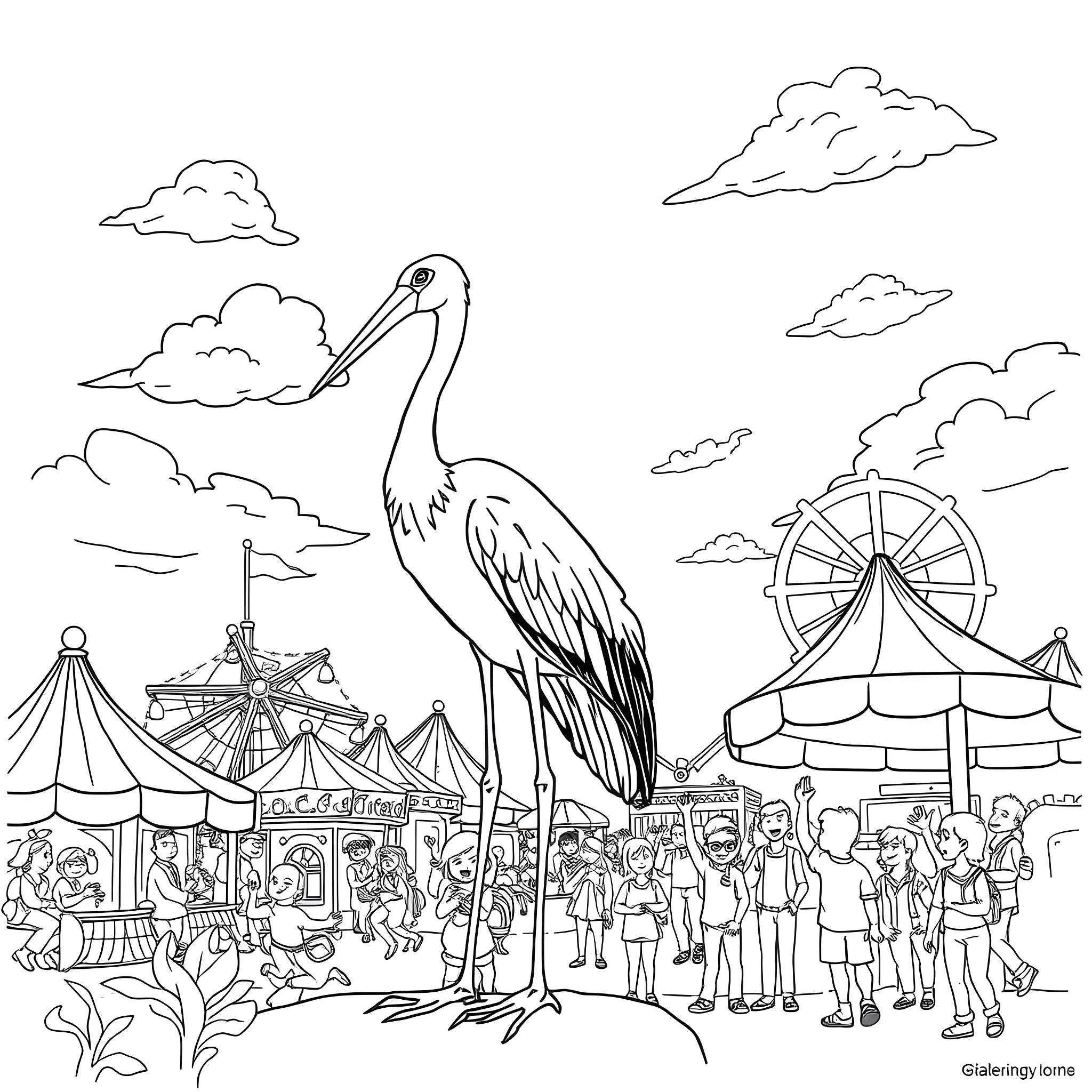 Stork observing a lively carnival scene Coloring Page (free black-and-white line drawing printable PDF for all, from beginners to advanced learners, including children, teens, adults, and seniors)