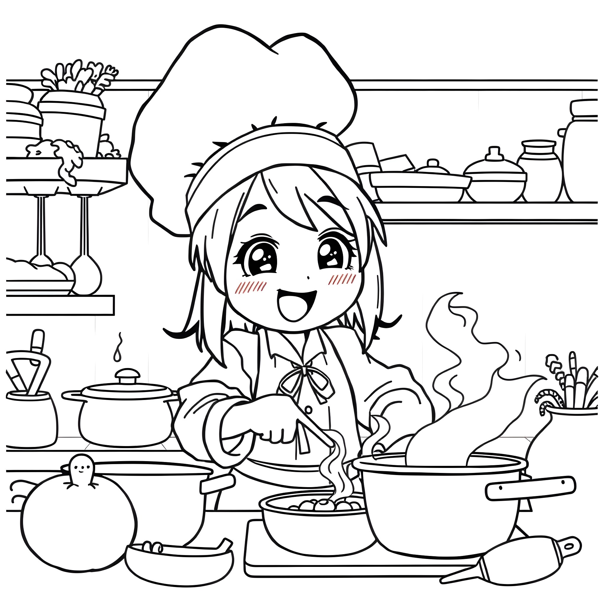Kuromi cooking in the kitchen with kitchenware Coloring Page (free black-and-white line drawing printable PDF for all, from beginners to advanced learners, including children, teens, adults, and seniors)