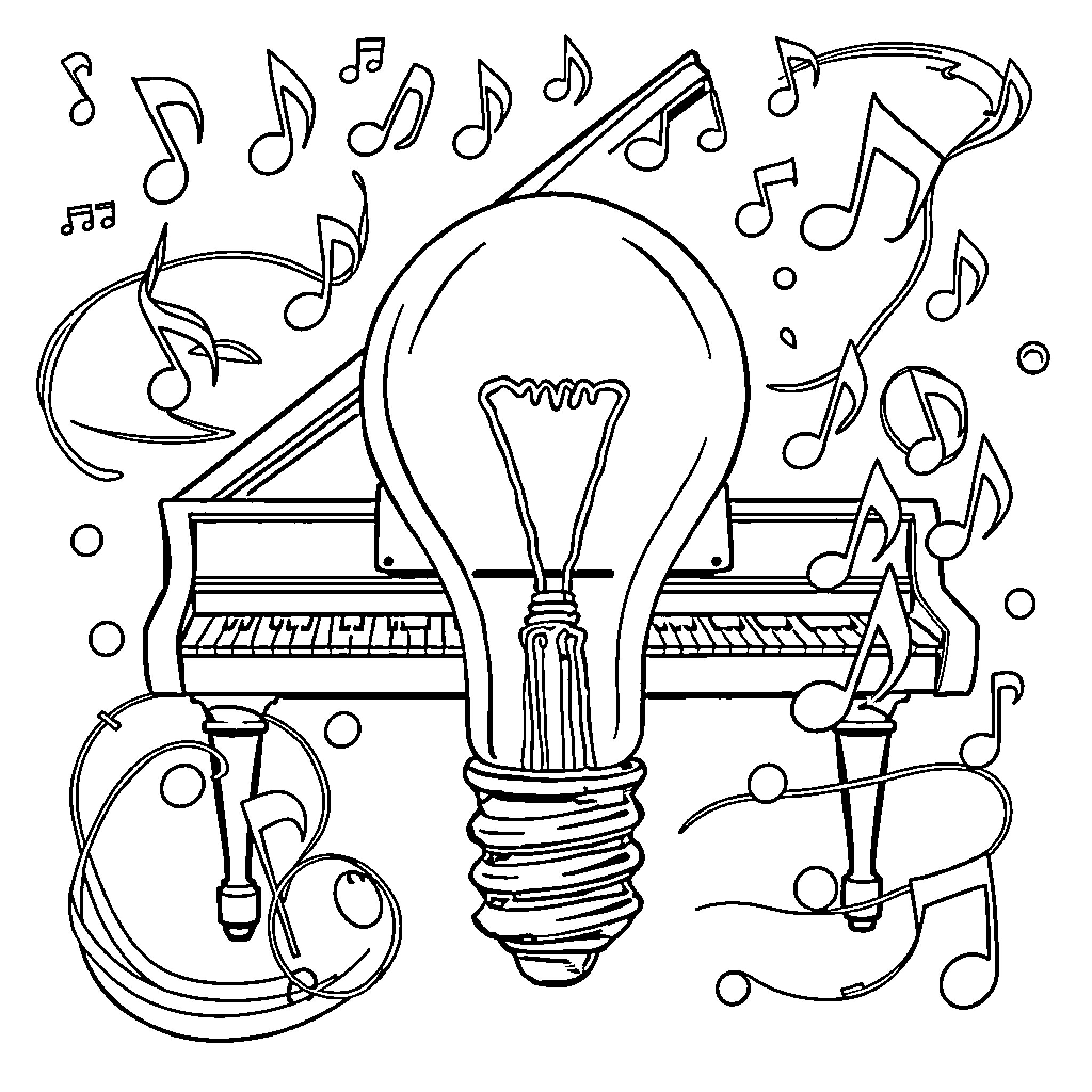 Lightbulb surrounded by musical instruments and notes Coloring Page (free black-and-white line drawing printable PDF for all, from beginners to advanced learners, including children, teens, adults, and seniors)