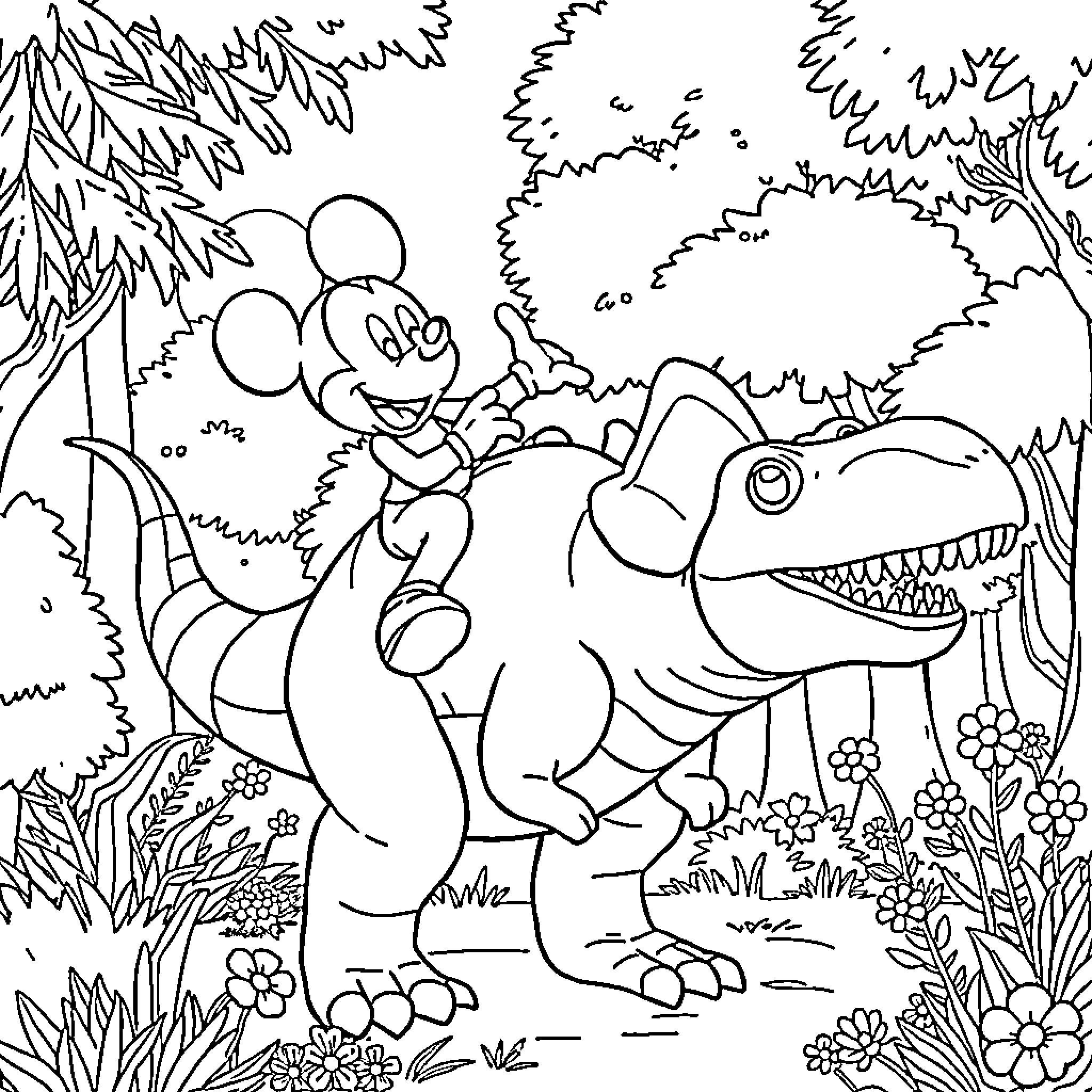 Mickey Mouse riding a dinosaur in the jungle Coloring Page (free black-and-white line drawing printable PDF for all, from beginners to advanced learners, including children, teens, adults, and seniors)