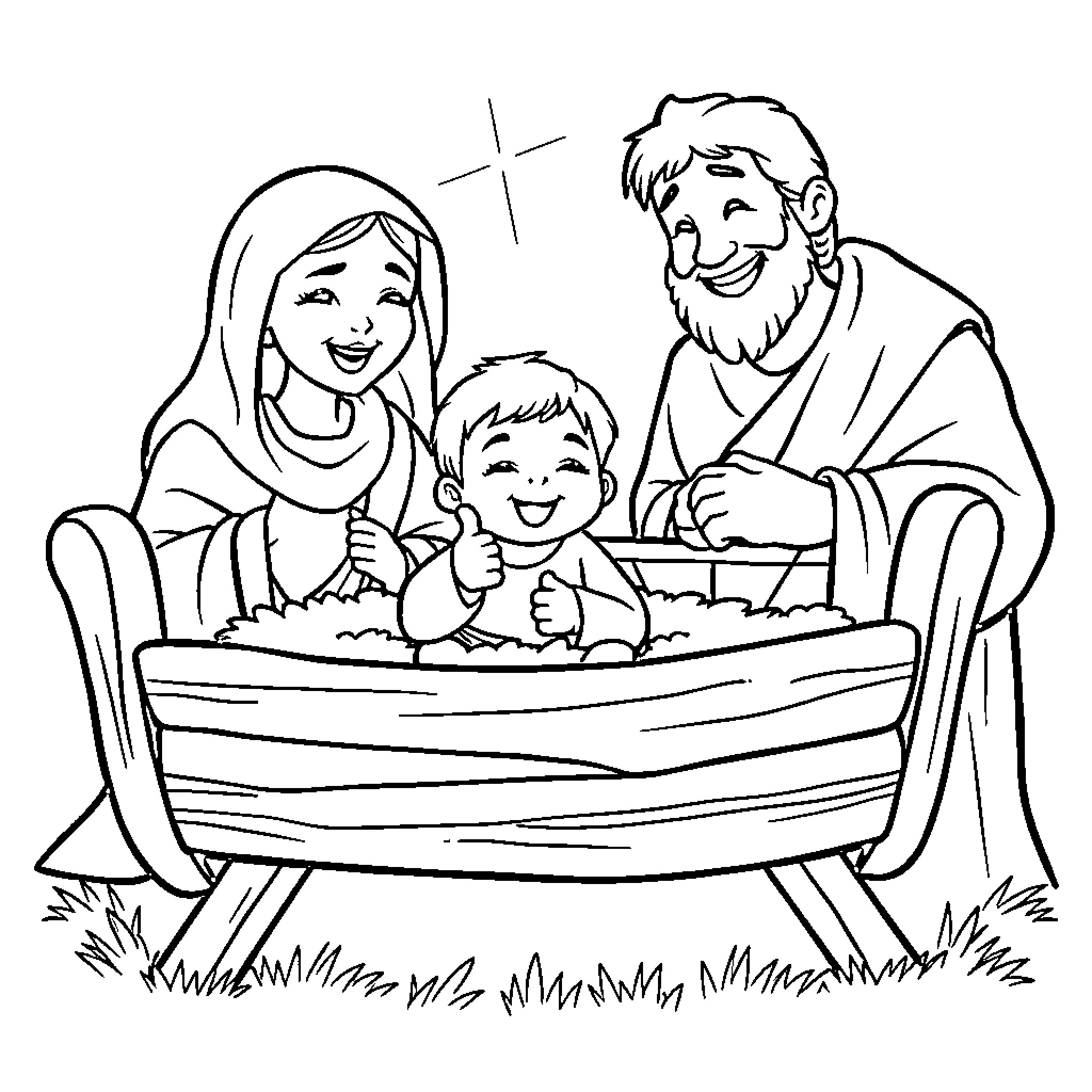 Jesus Blesses a Happy Family in a Manger Coloring Page (free black-and-white line drawing printable PDF for all, from beginners to advanced learners, including children, teens, adults, and seniors)