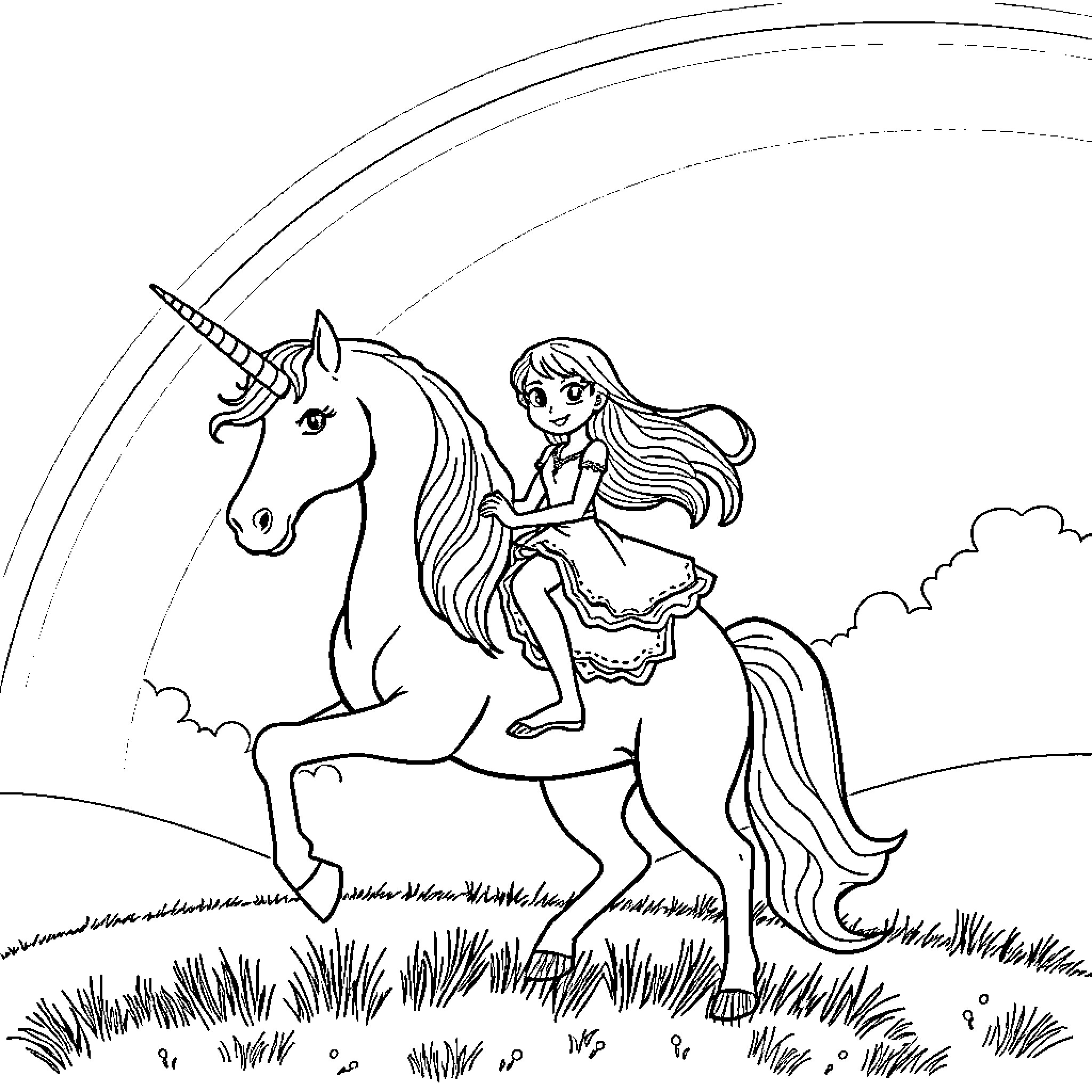 Unicorn and girl riding through enchanted landscape Coloring Page (free black-and-white line drawing printable PDF for all, from beginners to advanced learners, including children, teens, adults, and seniors)
