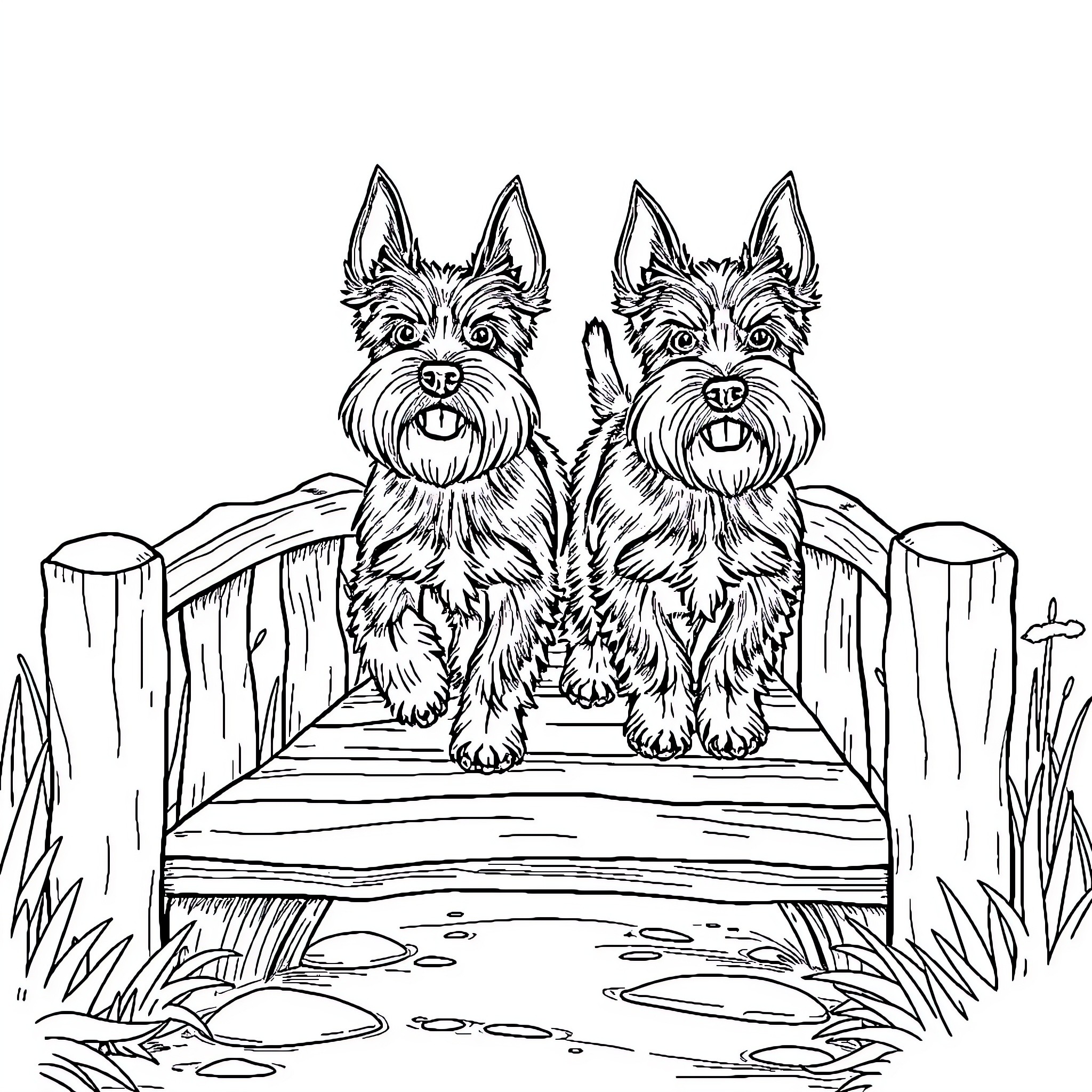Schnauzer dogs playing on a wooden bridge Coloring Page (free black-and-white line drawing printable PDF for all, from beginners to advanced learners, including children, teens, adults, and seniors)