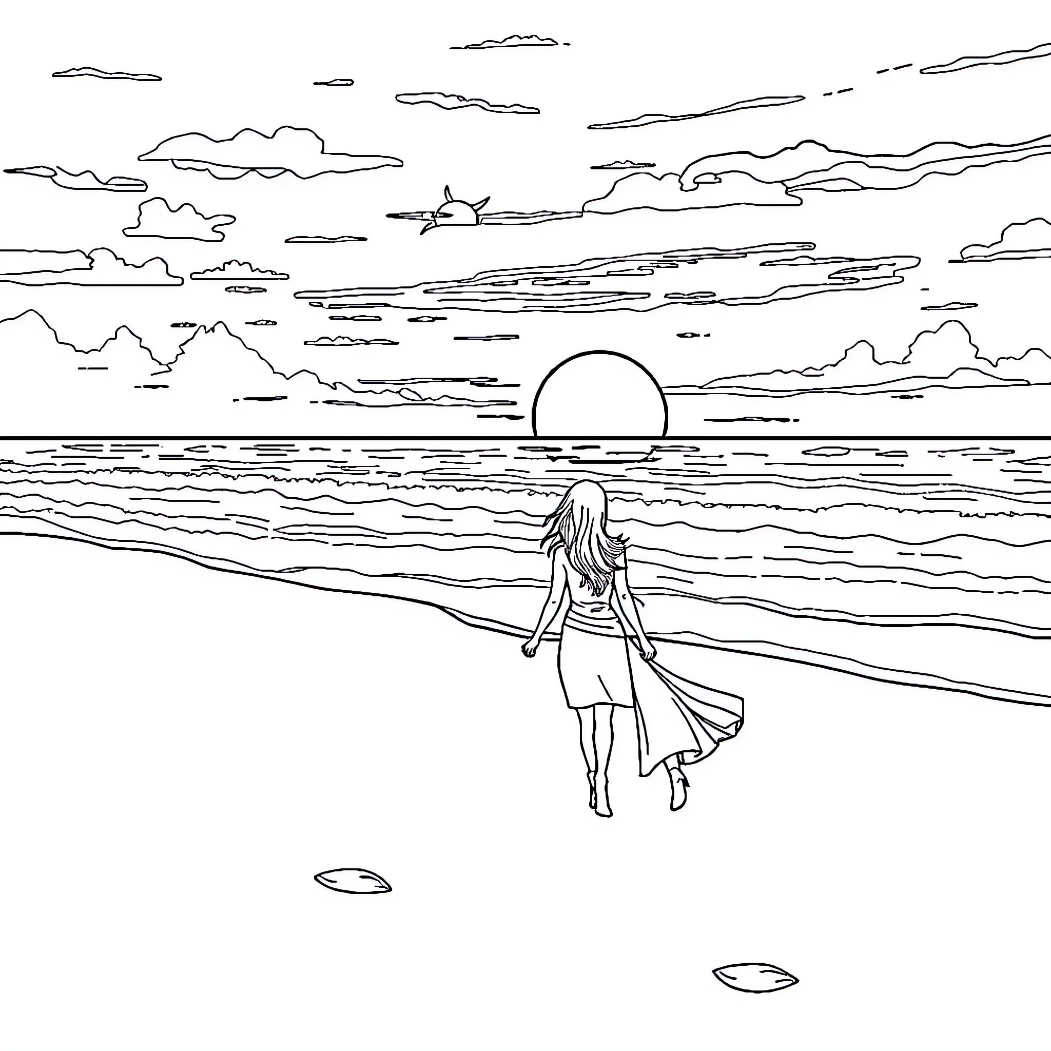 Beach scene with person walking along the shore Coloring Page (free black-and-white line drawing printable PDF for all, from beginners to advanced learners, including children, teens, adults, and seniors)