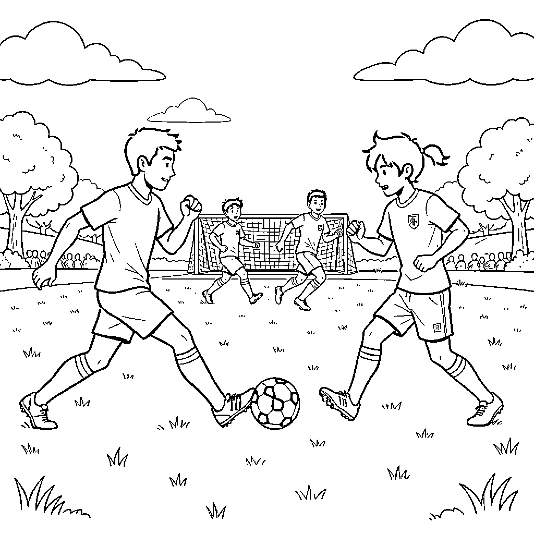 Soccer players competing intensely during a field match Coloring Page (free black-and-white line drawing printable PDF for all, from beginners to advanced learners, including children, teens, adults, and seniors)