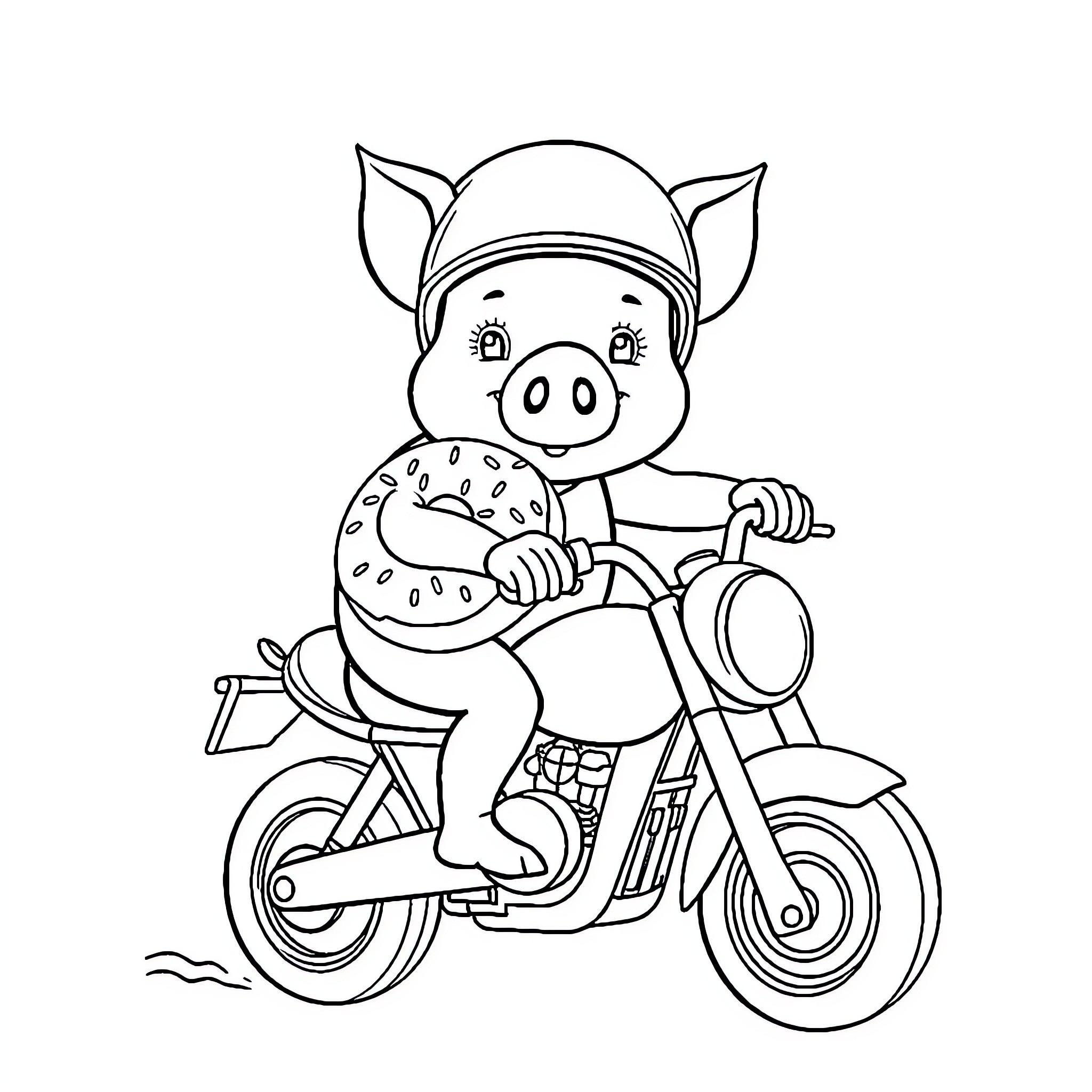 Pig riding a motorcycle Coloring Page (free black-and-white line drawing printable PDF for all, from beginners to advanced learners, including children, teens, adults, and seniors)