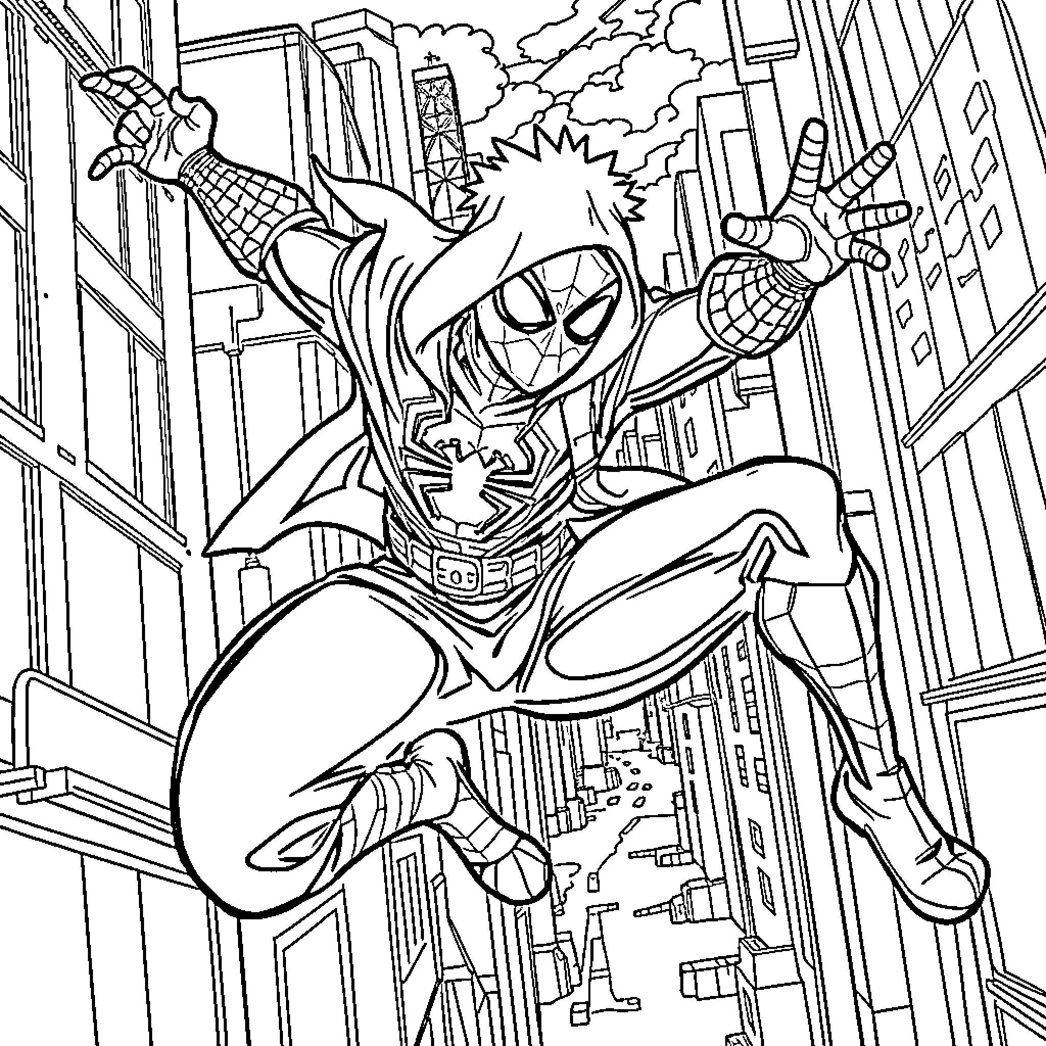 Spider-Man swinging through the city skyline Coloring Page (free black-and-white line drawing printable PDF for all, from beginners to advanced learners, including children, teens, adults, and seniors)