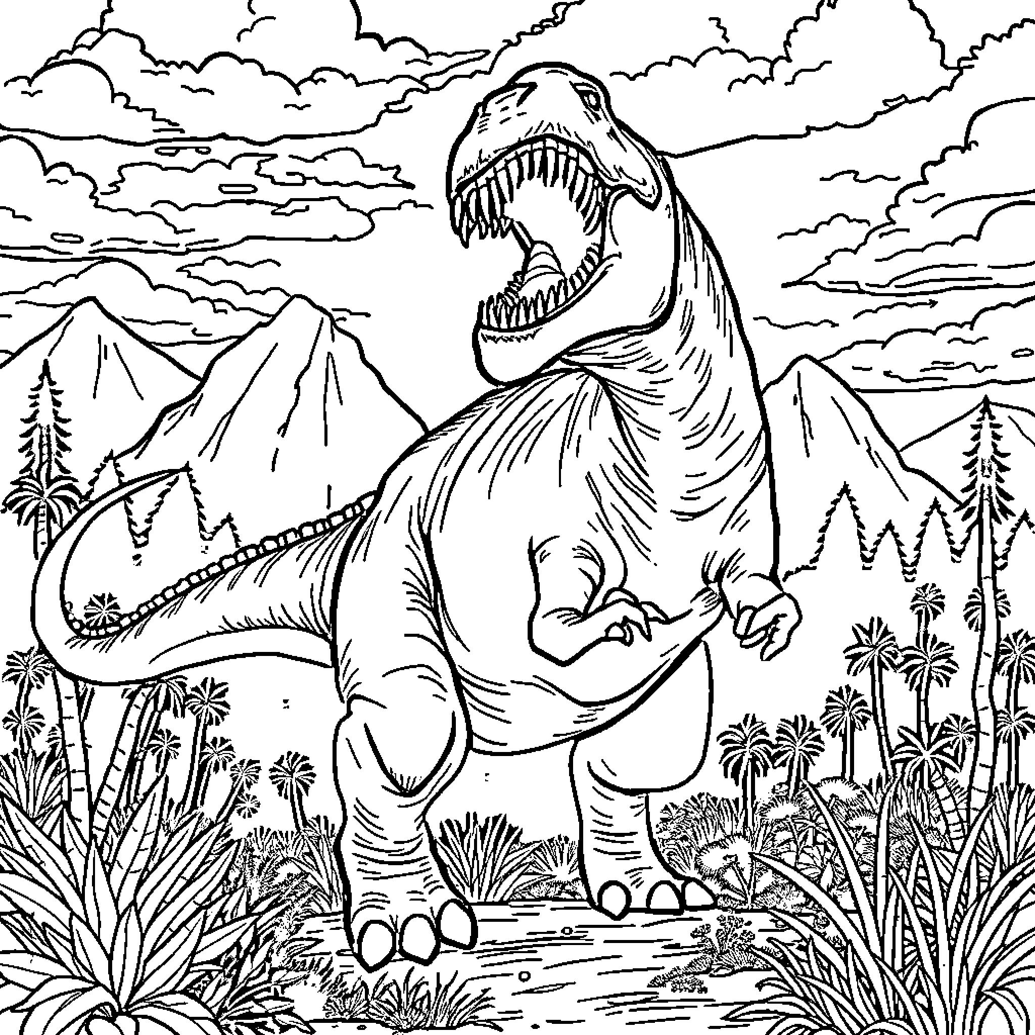Dinosaur roaming in the prehistoric landscape Coloring Page (free black-and-white line drawing printable PDF for all, from beginners to advanced learners, including children, teens, adults, and seniors)