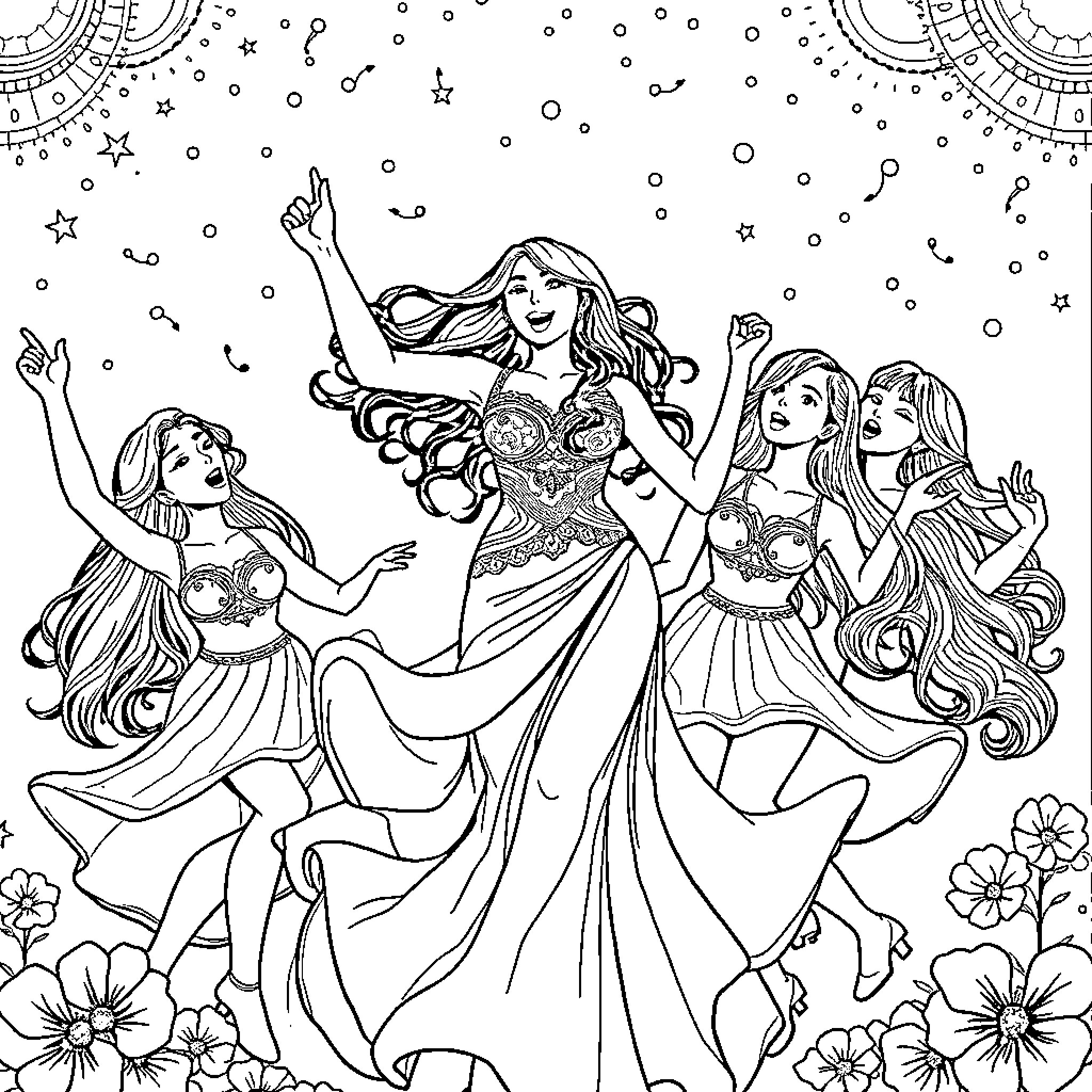 Sirena and her mermaid friends dancing in a starry night Coloring Page (free black-and-white line drawing printable PDF for all, from beginners to advanced learners, including children, teens, adults, and seniors)