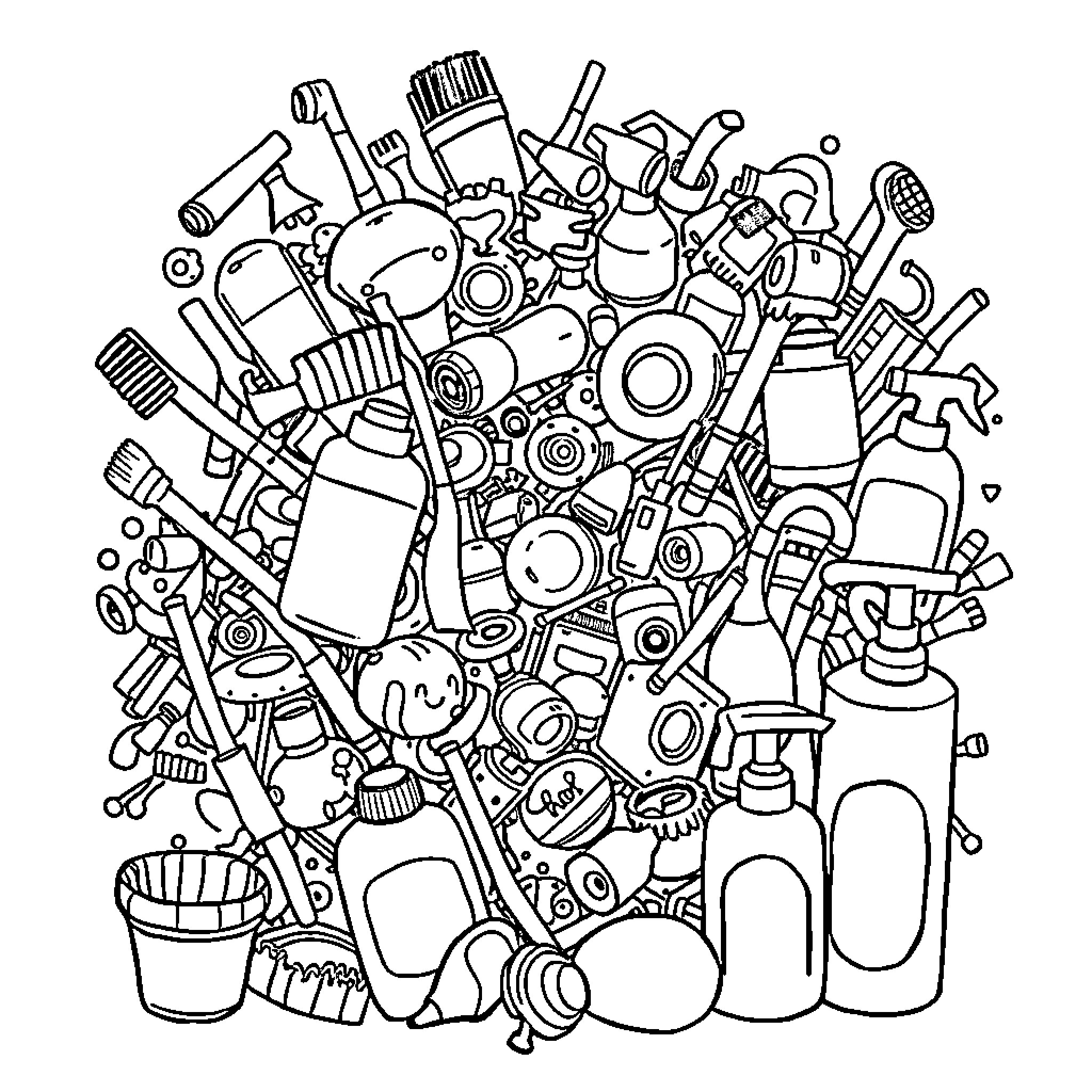 Bathroom Object Collage Coloring Page (free black-and-white line drawing printable PDF for all, from beginners to advanced learners, including children, teens, adults, and seniors)