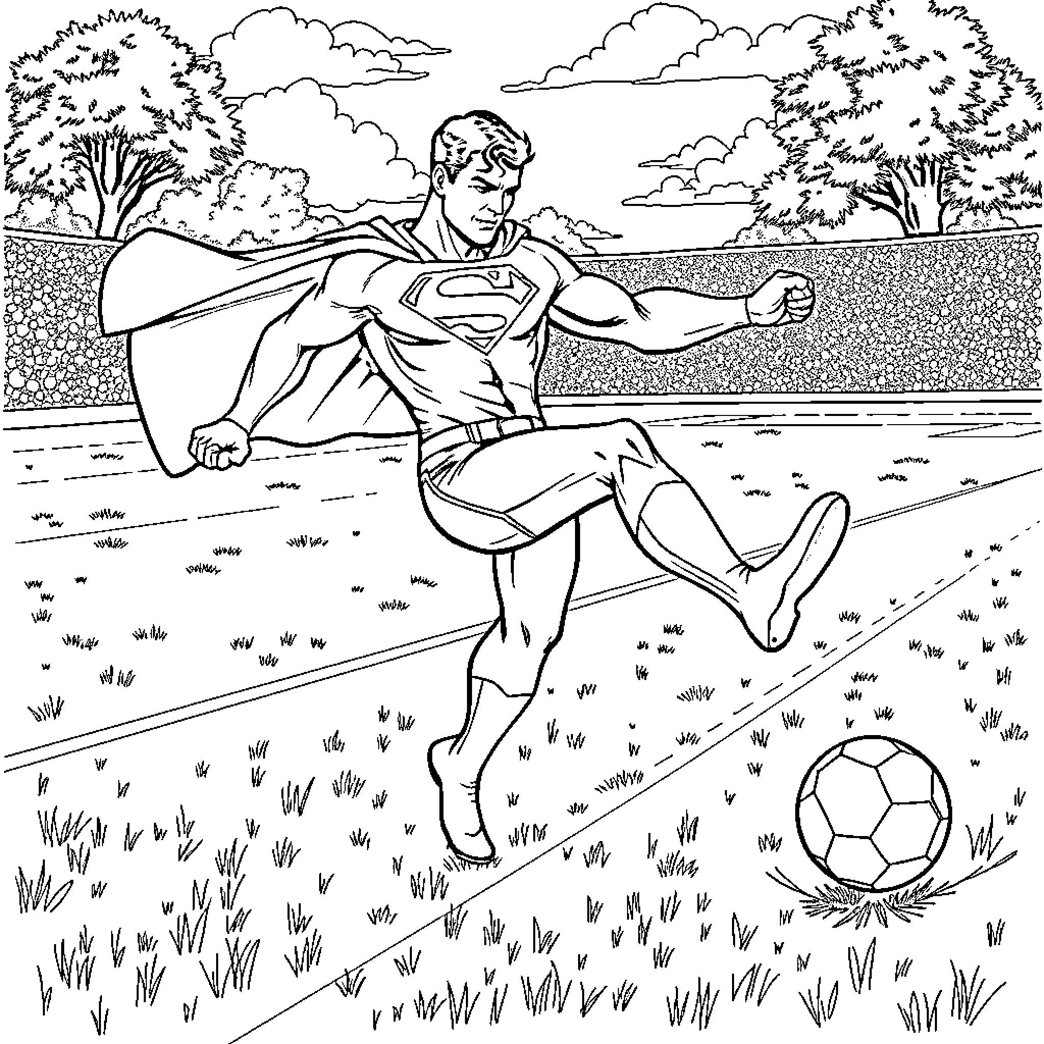 Superman playing with a soccer ball in the park Coloring Page (free black-and-white line drawing printable PDF for all, from beginners to advanced learners, including children, teens, adults, and seniors)