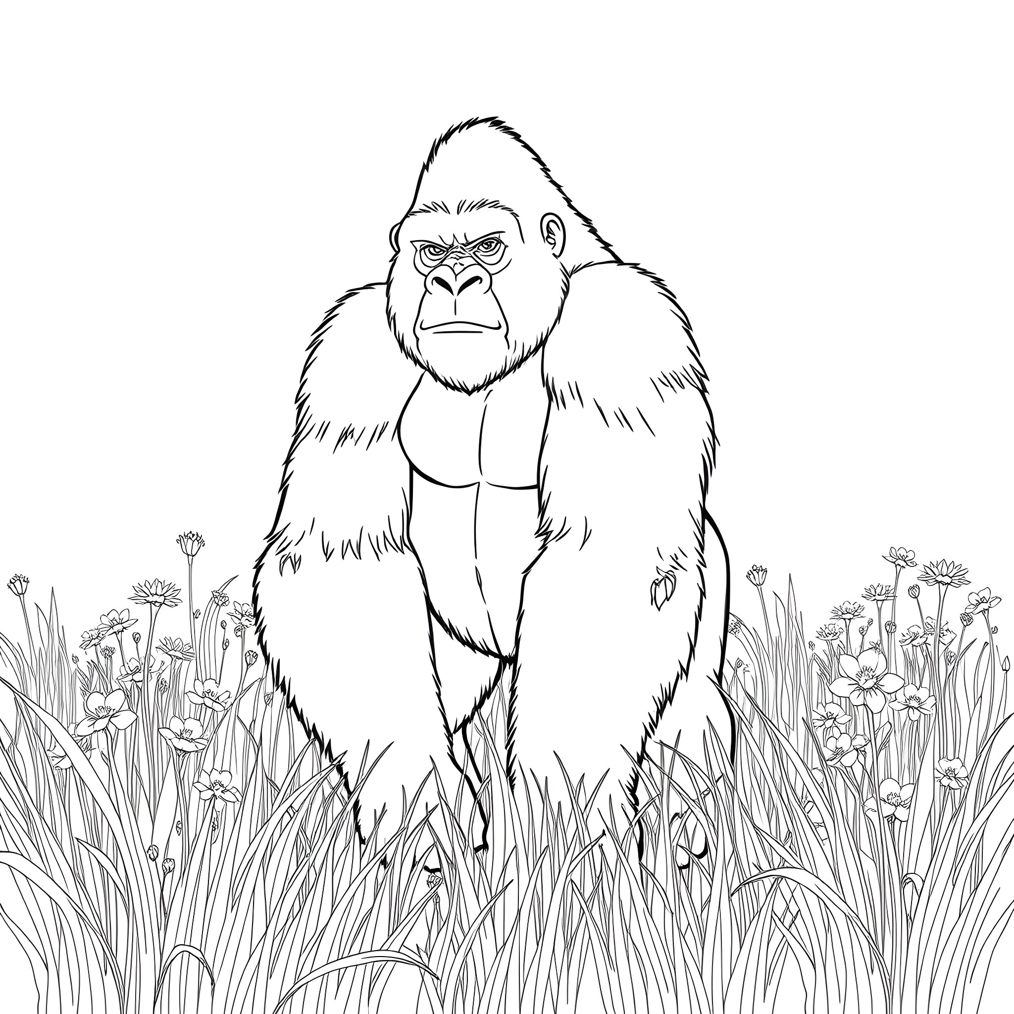 Gorilla standing in grassy field Coloring Page (free black-and-white line drawing printable PDF for all, from beginners to advanced learners, including children, teens, adults, and seniors)