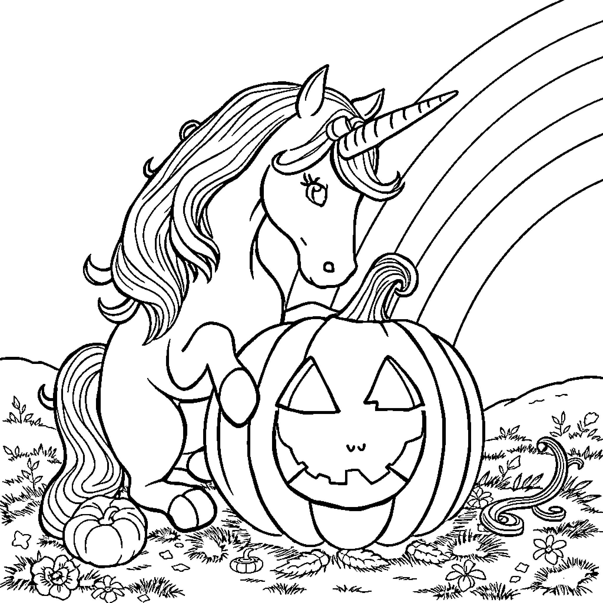 Unicorn standing by pumpkin in autumn scene Coloring Page (free black-and-white line drawing printable PDF for all, from beginners to advanced learners, including children, teens, adults, and seniors)