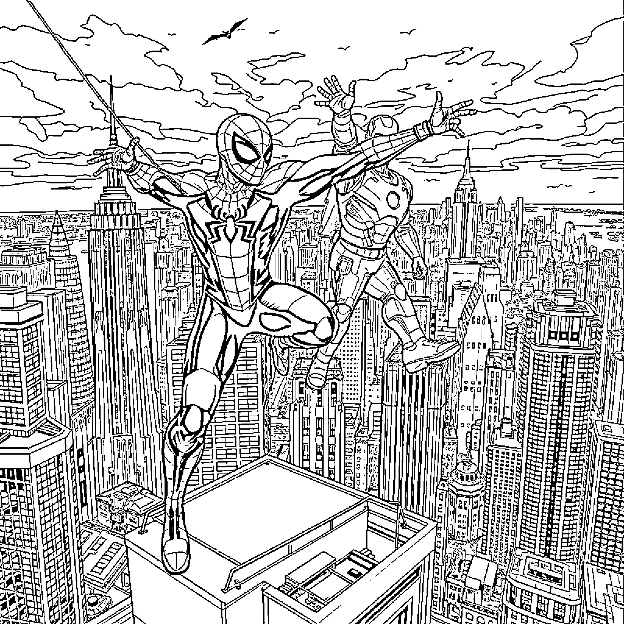 Spiderman and Iron Man in epic cityscape battle Coloring Page (free black-and-white line drawing printable PDF for all, from beginners to advanced learners, including children, teens, adults, and seniors)