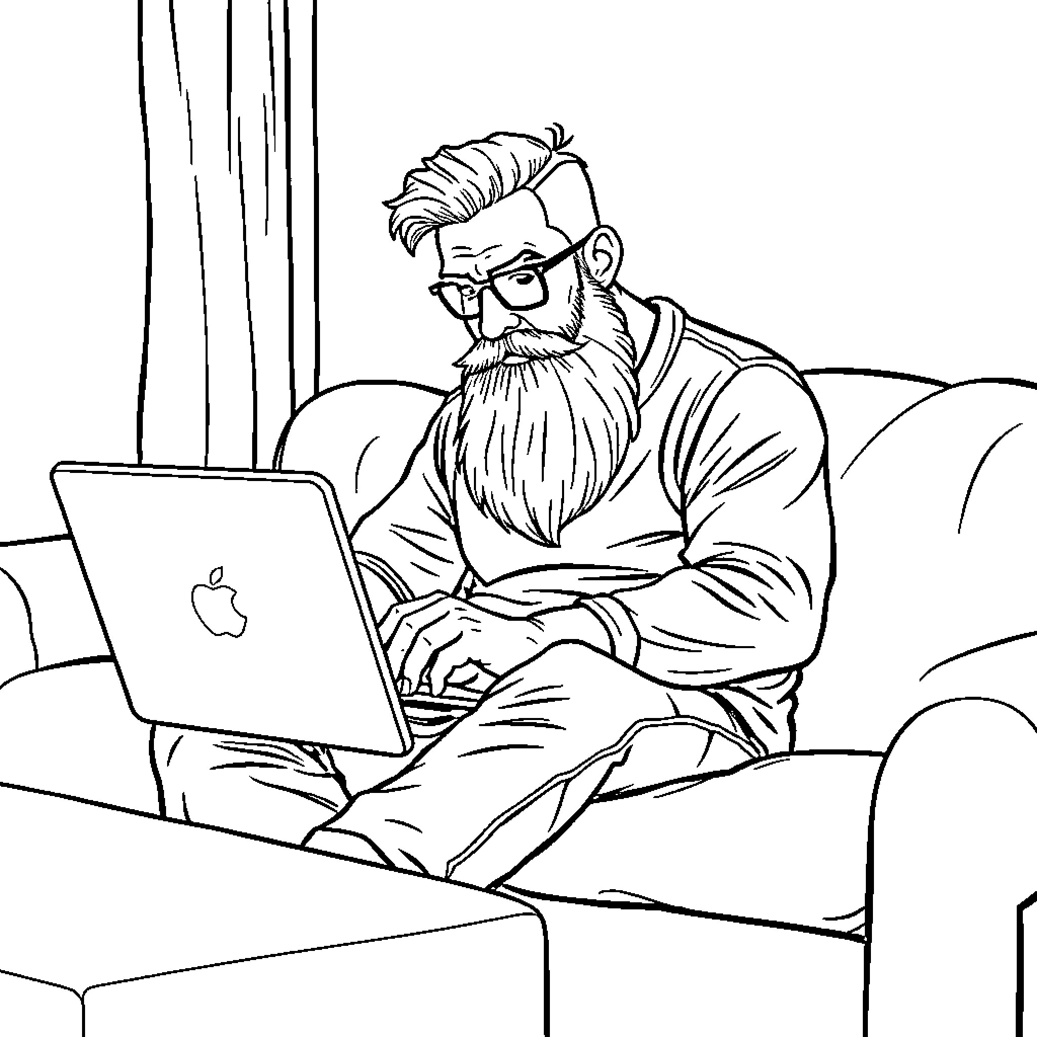 Guy intently working on laptop in cozy home setting Coloring Page (free black-and-white line drawing printable PDF for all, from beginners to advanced learners, including children, teens, adults, and seniors)