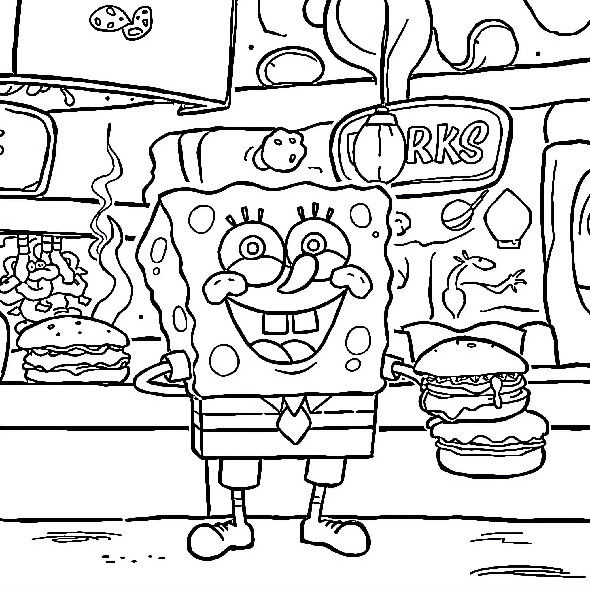 Spongebob's Hungry Adventure at the Snack Shack Coloring Page (free black-and-white line drawing printable PDF for all, from beginners to advanced learners, including children, teens, adults, and seniors)
