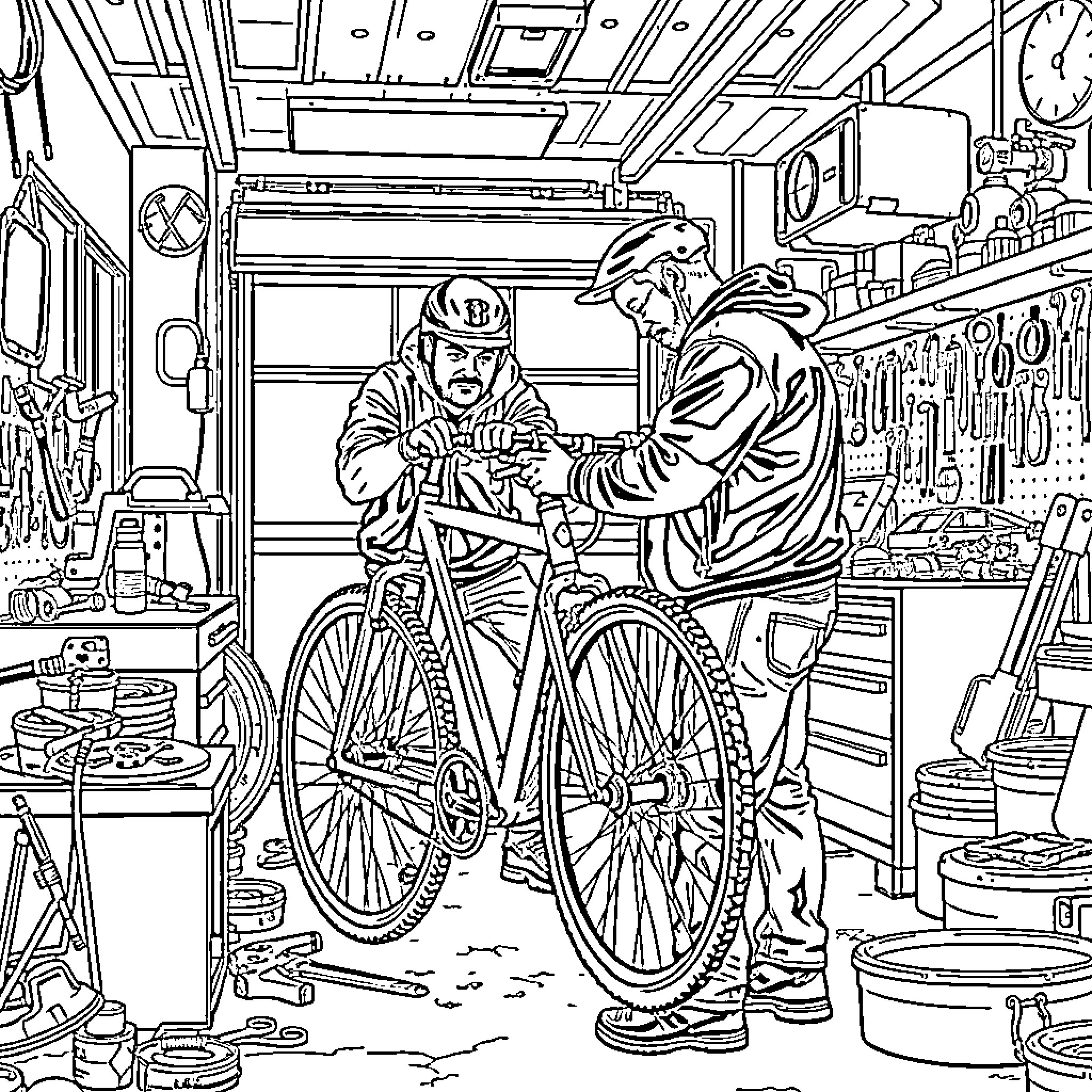 Bicycle repair in a workshop Coloring Page (free black-and-white line drawing printable PDF for all, from beginners to advanced learners, including children, teens, adults, and seniors)