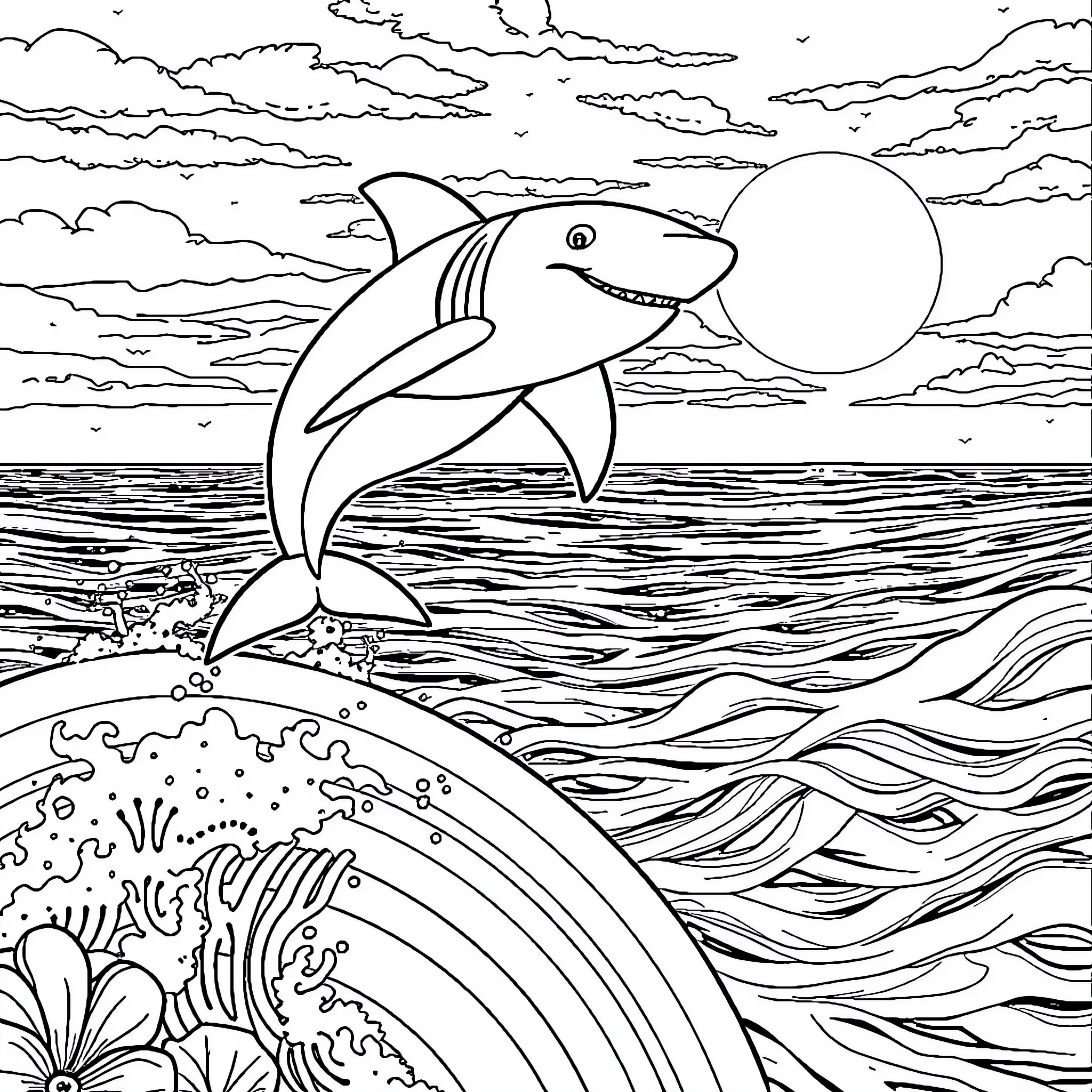 Shark jumping out of the waves Coloring Page (free black-and-white line drawing printable PDF for all, from beginners to advanced learners, including children, teens, adults, and seniors)