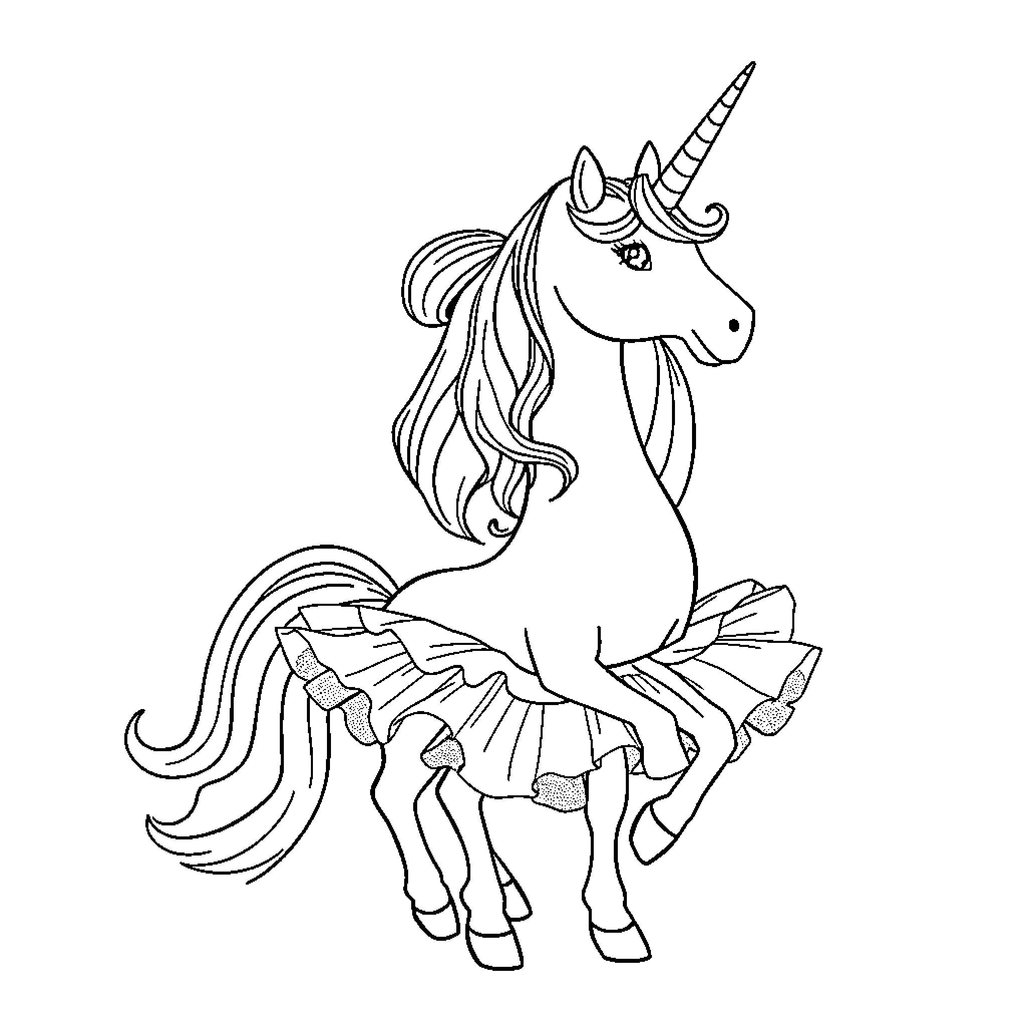 Unicorn with flowing mane and elaborate attire Coloring Page (free black-and-white line drawing printable PDF for all, from beginners to advanced learners, including children, teens, adults, and seniors)