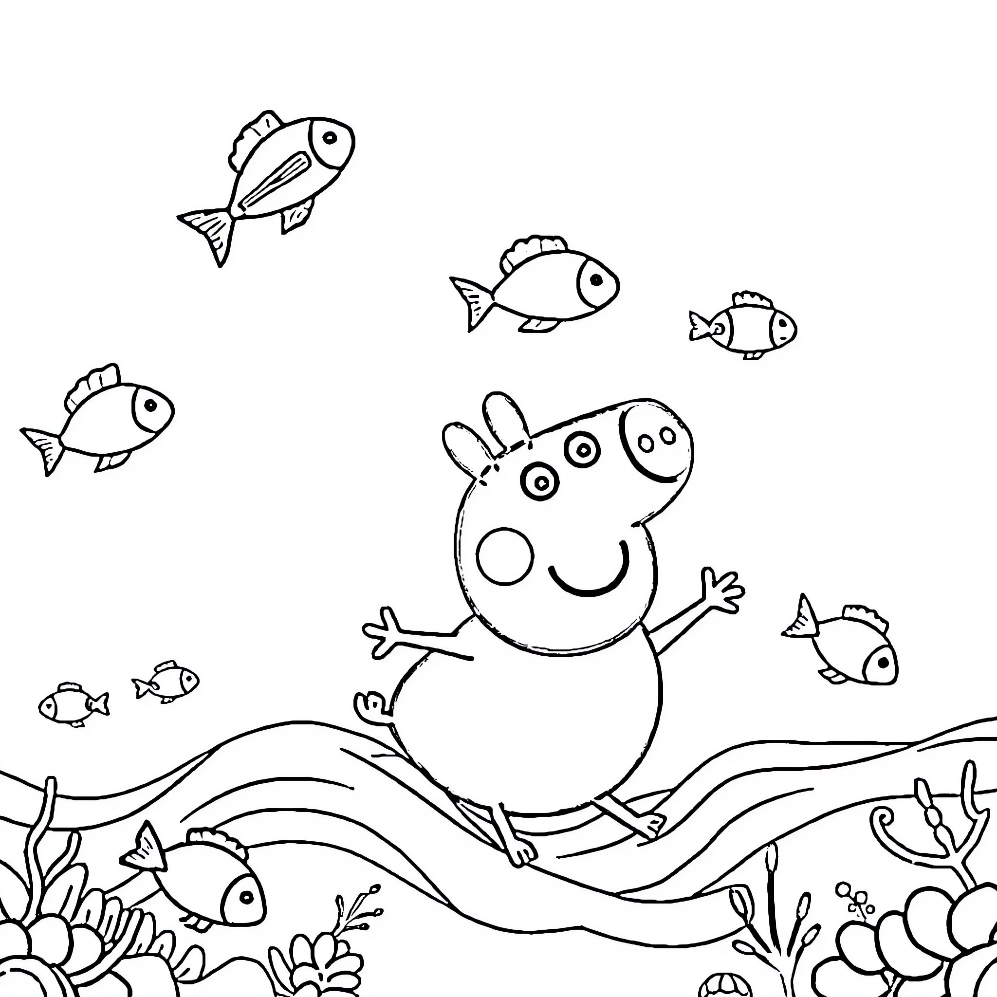 Peppa Pig explores the underwater world with sea creatures Coloring Page (free black-and-white line drawing printable PDF for all, from beginners to advanced learners, including children, teens, adults, and seniors)