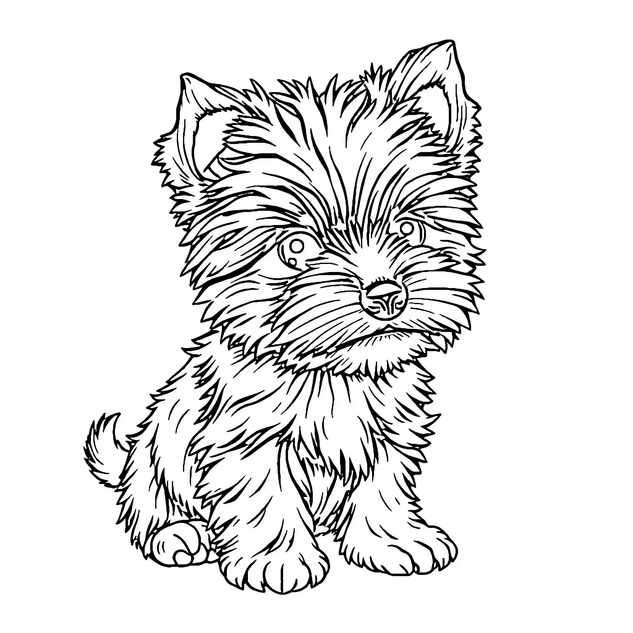 Yorkie puppy with big eyes and fluffy fur Coloring Page (free black-and-white line drawing printable PDF for all, from beginners to advanced learners, including children, teens, adults, and seniors)