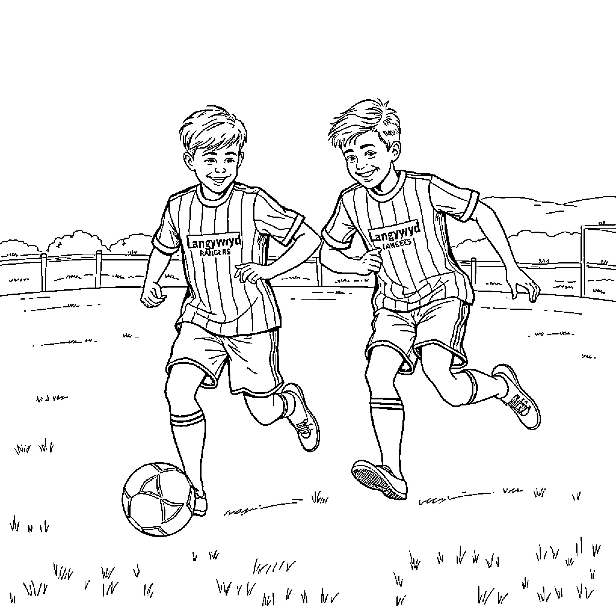 Boy soccer players run on the field Coloring Page (free black-and-white line drawing printable PDF for all, from beginners to advanced learners, including children, teens, adults, and seniors)