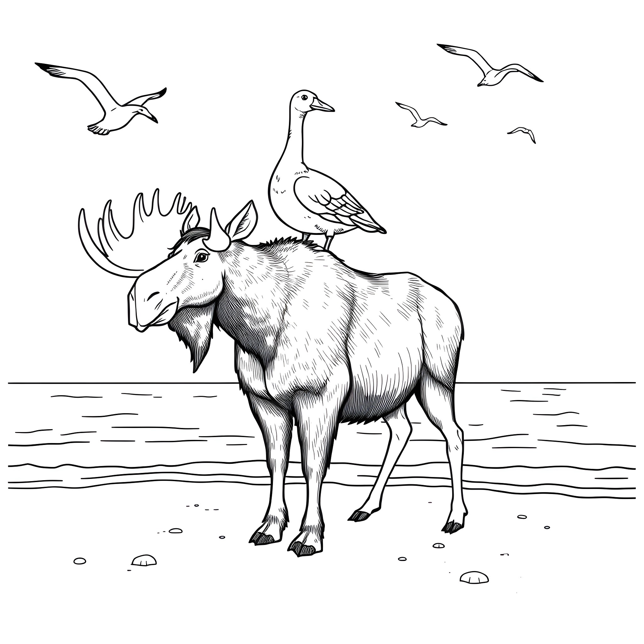 Goose perched atop majestic moose in coastal scene Coloring Page (free black-and-white line drawing printable PDF for all, from beginners to advanced learners, including children, teens, adults, and seniors)