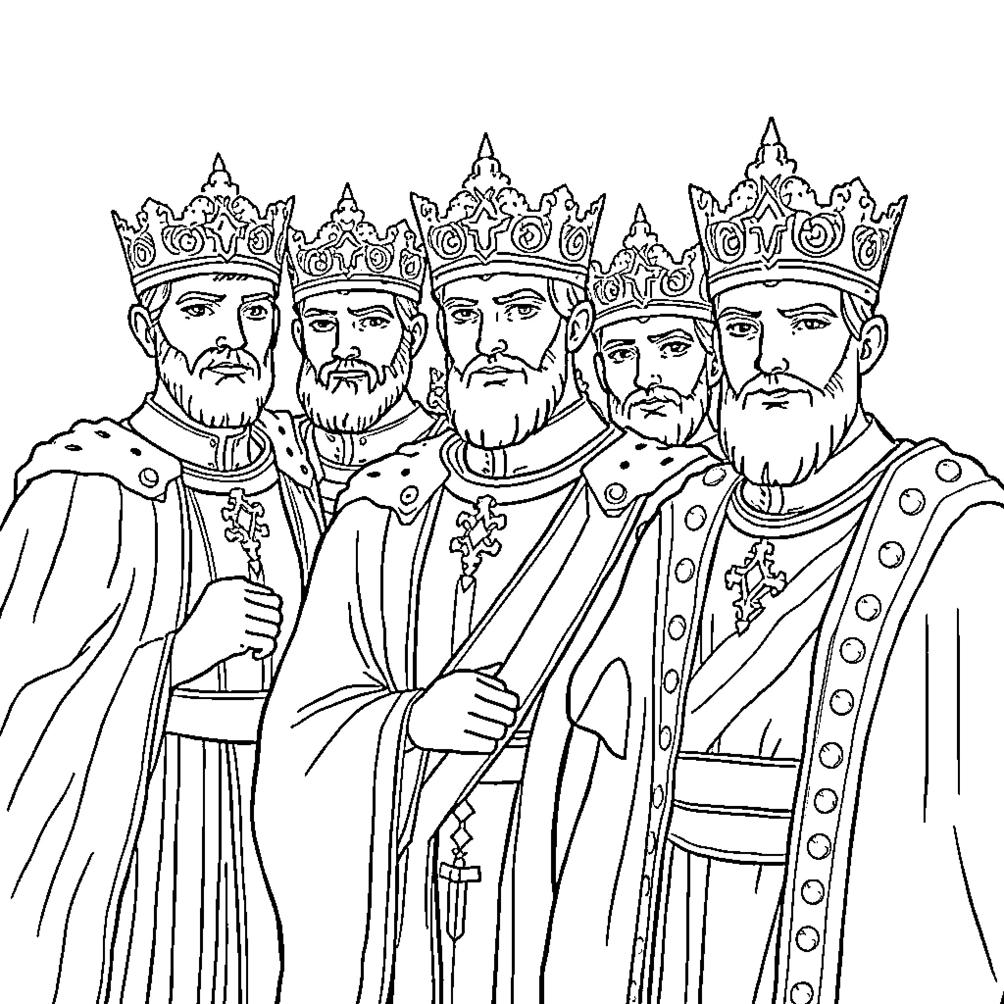 Prince Monarchs in Ceremonial Regalia Coloring Page (free black-and-white line drawing printable PDF for all, from beginners to advanced learners, including children, teens, adults, and seniors)