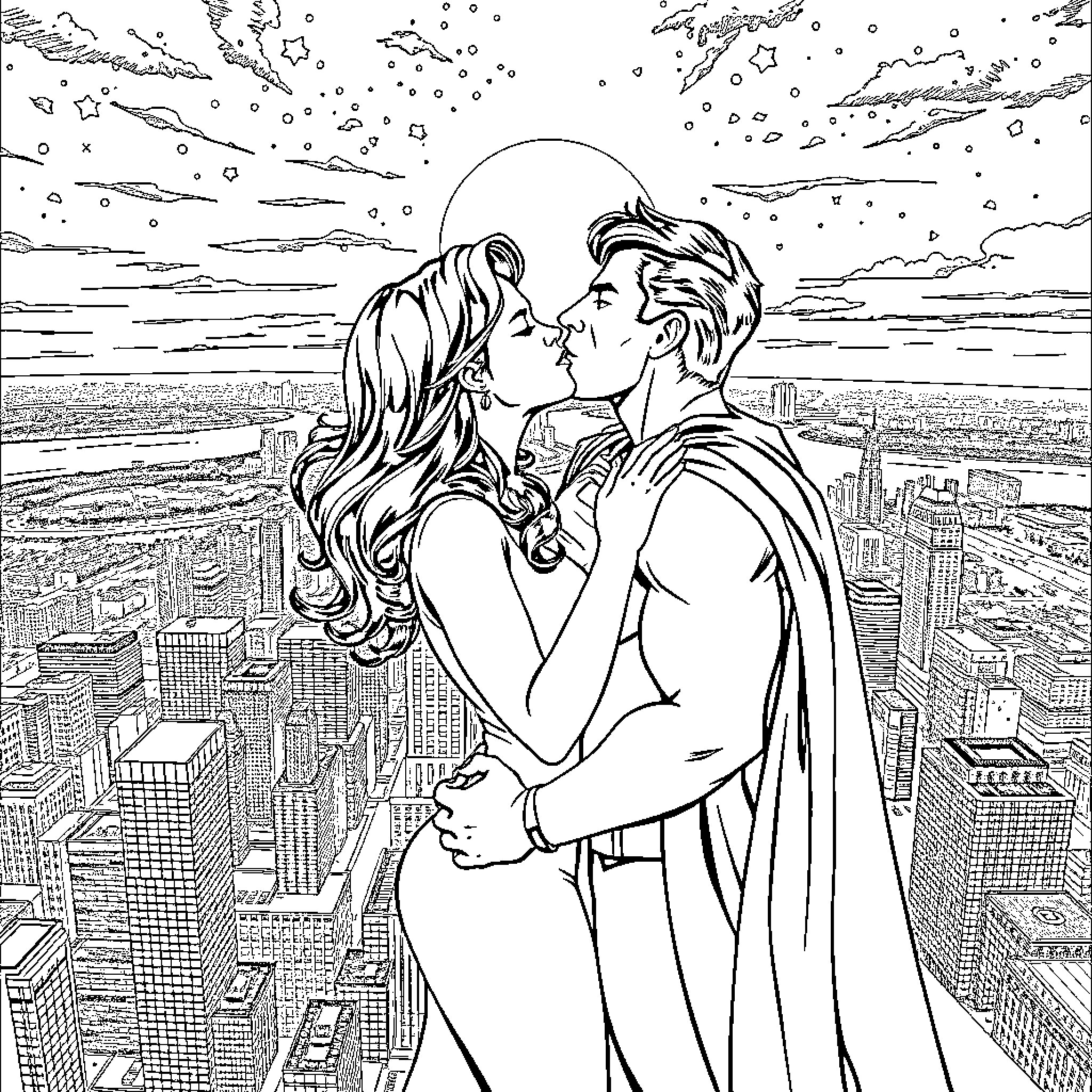 Superman and Lois Lane sharing a romantic moment in the city Coloring Page (free black-and-white line drawing printable PDF for all, from beginners to advanced learners, including children, teens, adults, and seniors)