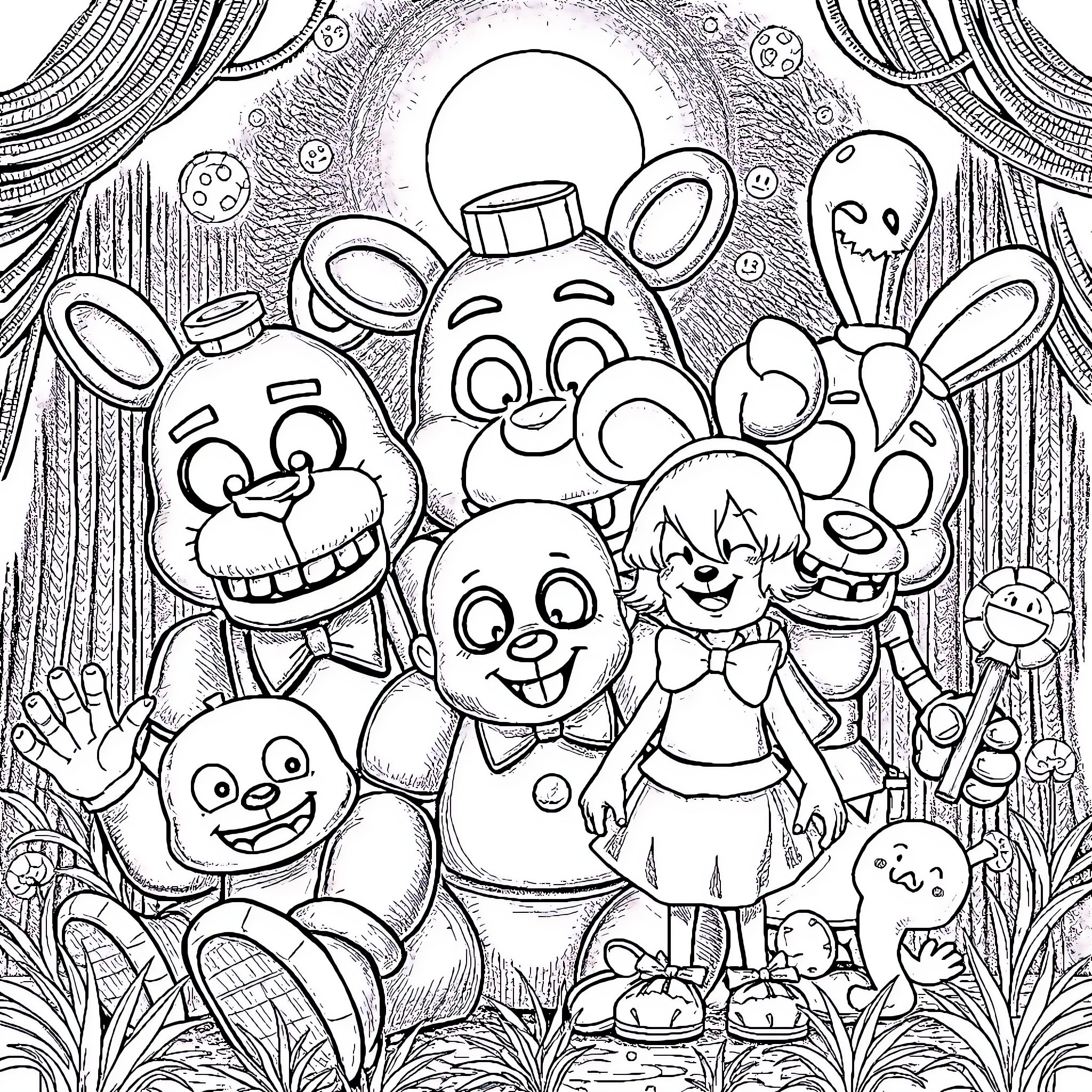 Freddy's Fantastical Circus Celebration Coloring Page (free black-and-white line drawing printable PDF for all, from beginners to advanced learners, including children, teens, adults, and seniors)